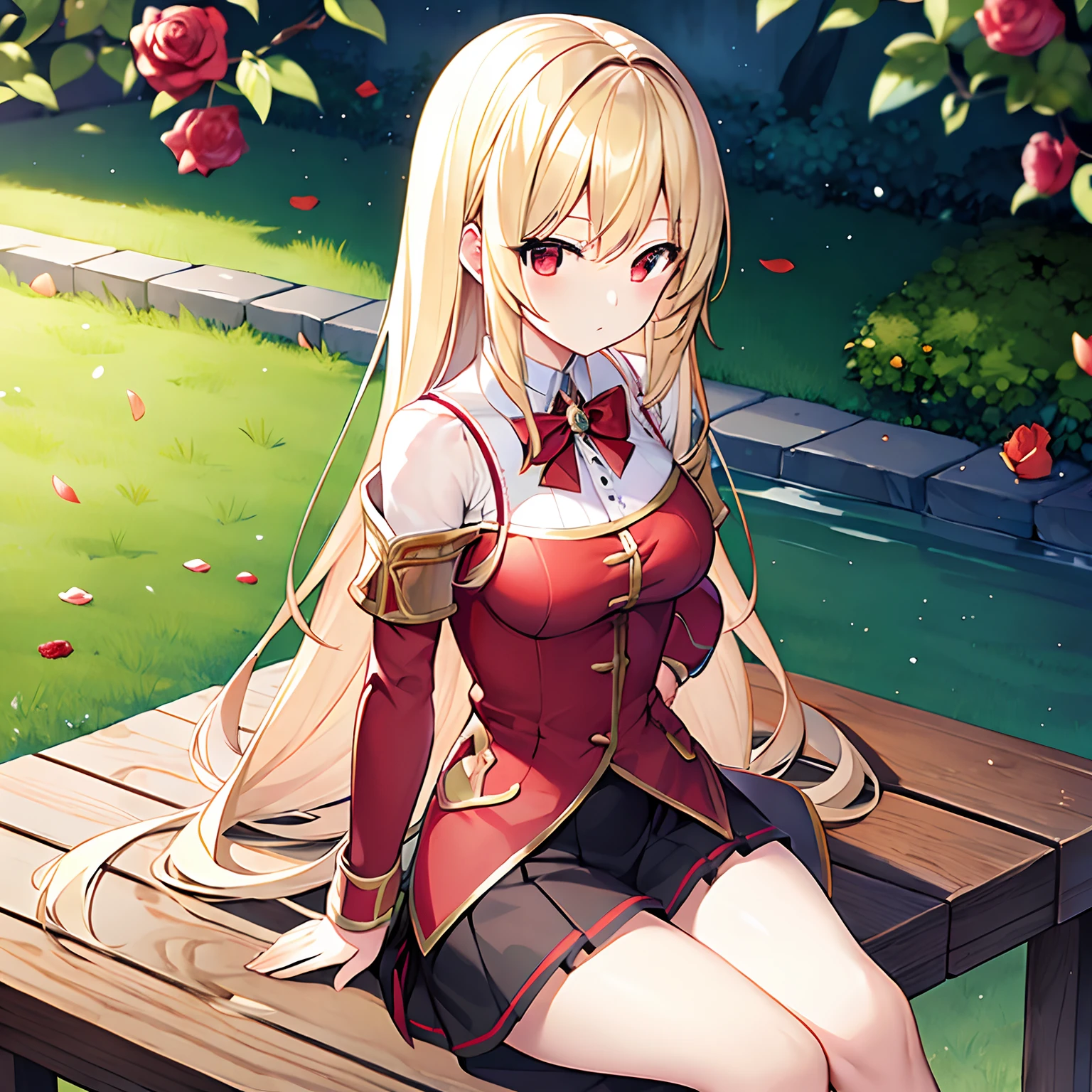 a blond、red eyes、Beautiful girl alone、独奏、animesque、doress、a miniskirt、rose garden、sitting on、Underwear is slightly visible