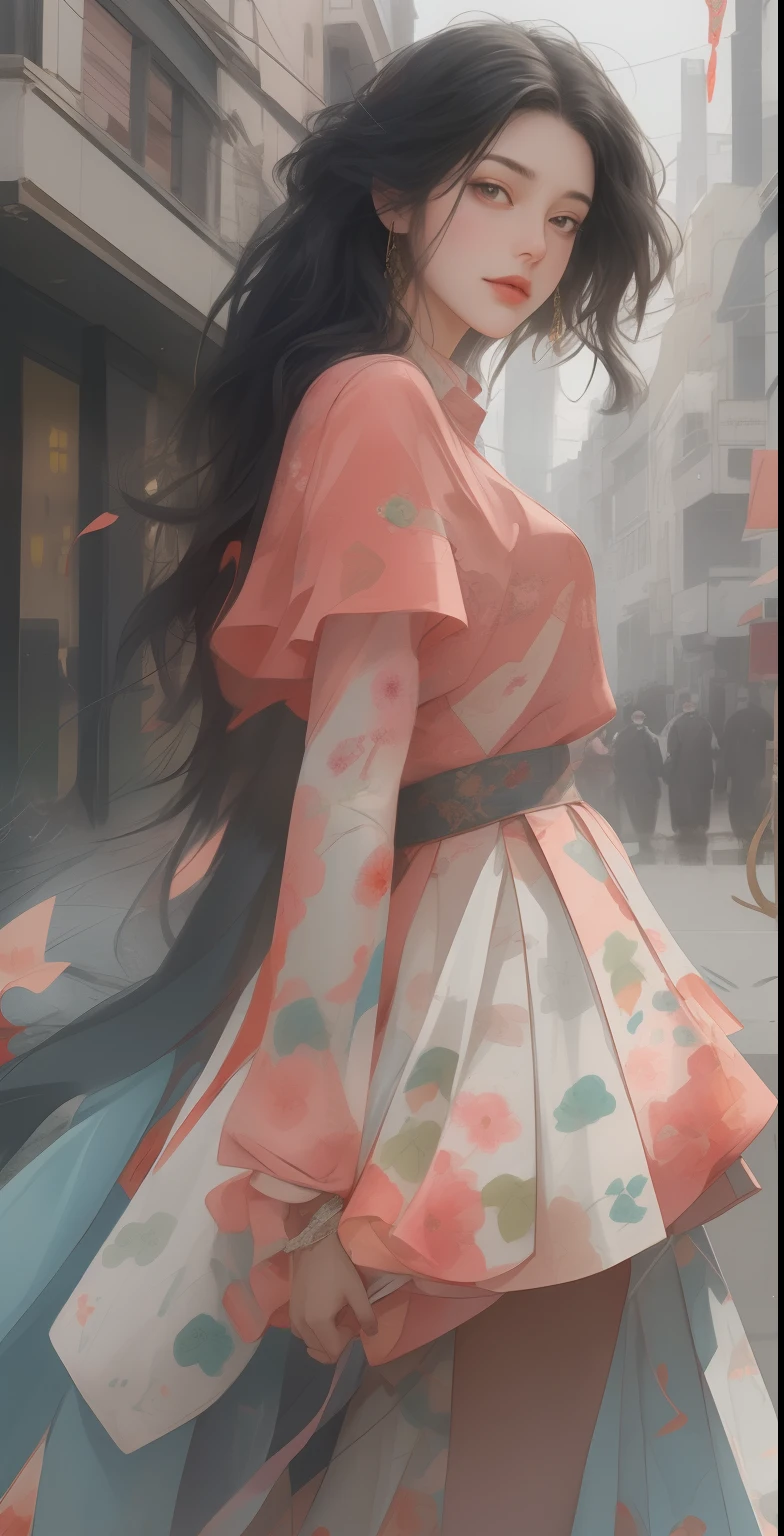 A woman who is，19years old，having fun，naïve，ssmile，The era of the Republic of China，On the streets of retro、a white long skirt，laughingly，White vintage long dress，Republic of China student clothing，Twist braids，Plum buckle，Braided shoulder position，Republic of China retro style，a warm color palette，misterious