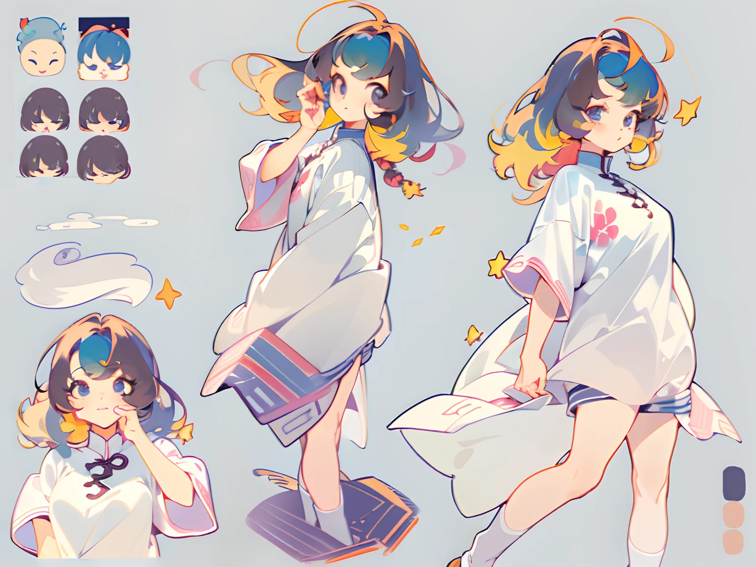 ((masterpiece)), (((best quality))), (character design sheet, same character full body, front, side, back), Illustration, 1 girl, hair color, bangs, hair fax, eyes, environment change, pose kota, female, shirt shangyi, stars, charturnbetalora, (simple background, white background: 1.3) ,--6