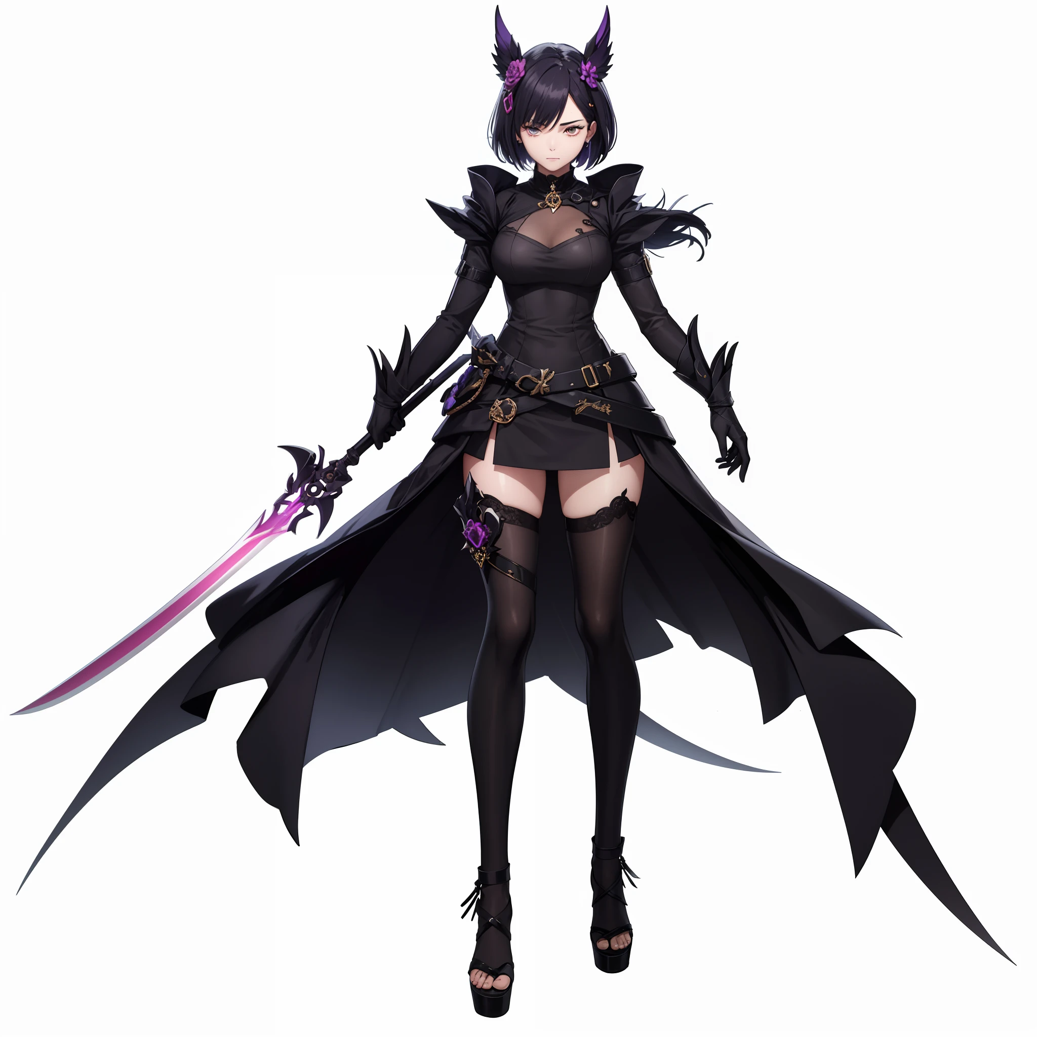 {Create a dynamic full-body illustration of the deadly nightshade, Also known as Saikeiko: Female character with a dark and mysterious presence.} Her evolutionist traits are as follows:、Emerge through her weapons and outfits, She adapted、Can be converted. Wear dark and attractive clothes inspired by Saikeiko's unique style, She wields a poisonous blade with grace and precision. Her eyes shine with enigmatic charm, It symbolizes a deep connection with nature and the effects of mental illness. Render her in a style inspired by Japan's classic cartoons, With the highest resolution and quality in 4K. Emphasize her elegance, strength, And deadly beauty.