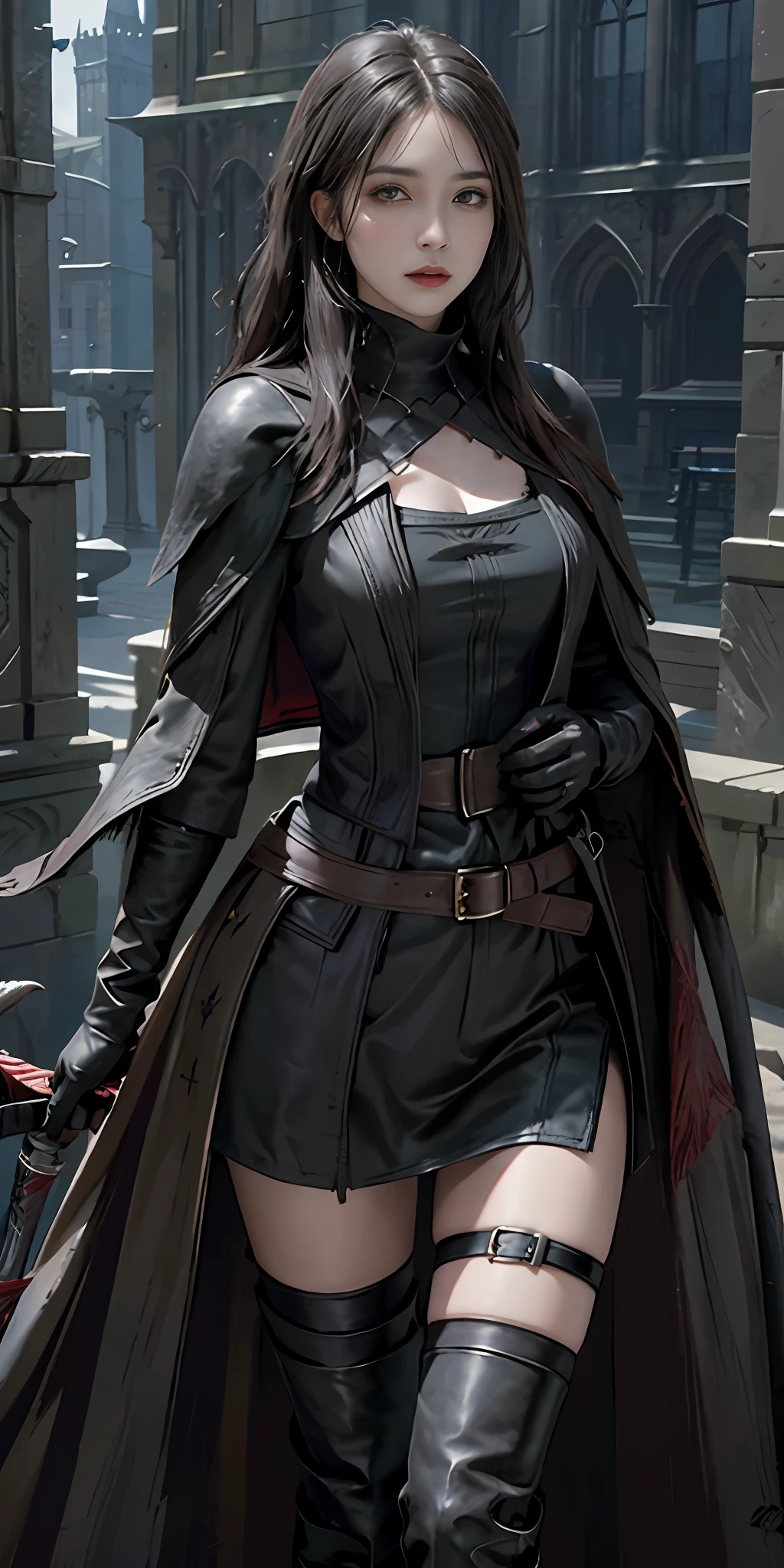 photorealistic, high resolution, soft light,1women, solo, hips up, look at viewer, (detailed face), bangs, edgBB, black gloves, belt, coat, torn clothes, capelet, gauntlets, vambraces, black capelet, hunter (bloodborne), woman wearing edgBB_outfit, outdoors, gothic architecture, jewelry