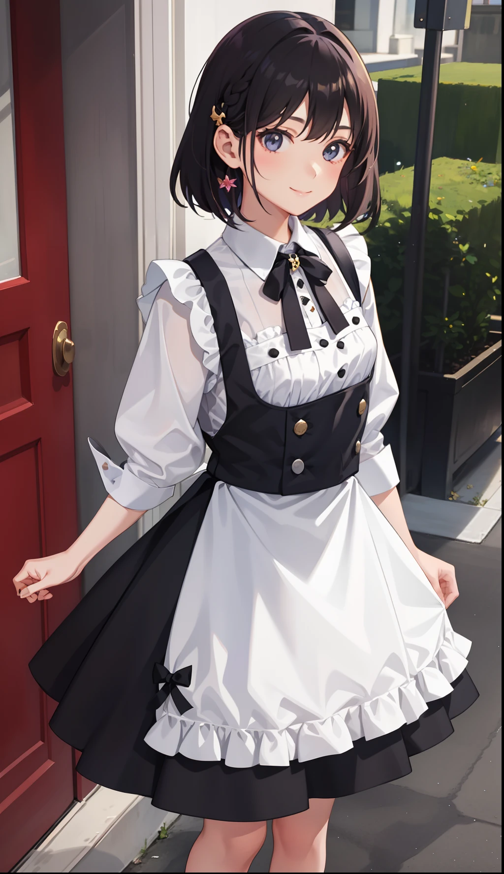 1girl in、A smile、A delightful!　The shirt、skirt by the、（small tits）pinafore、doress、hair adornments、Maids、