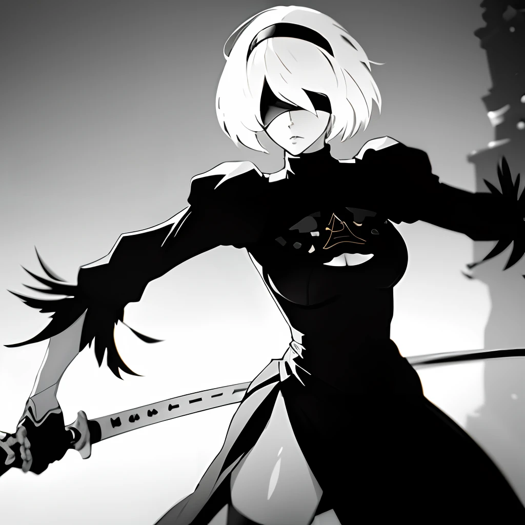 YoRHa No. 2 Type B, mysterious ambiance, expressionless face, dynamic pose, blindfold, solitary presence,Nier: Automata 2B, a fierce fighter with a stunning sword, showcasing her powerful thighs and elegant attire, exuding strength and beauty with a touch of sophistication