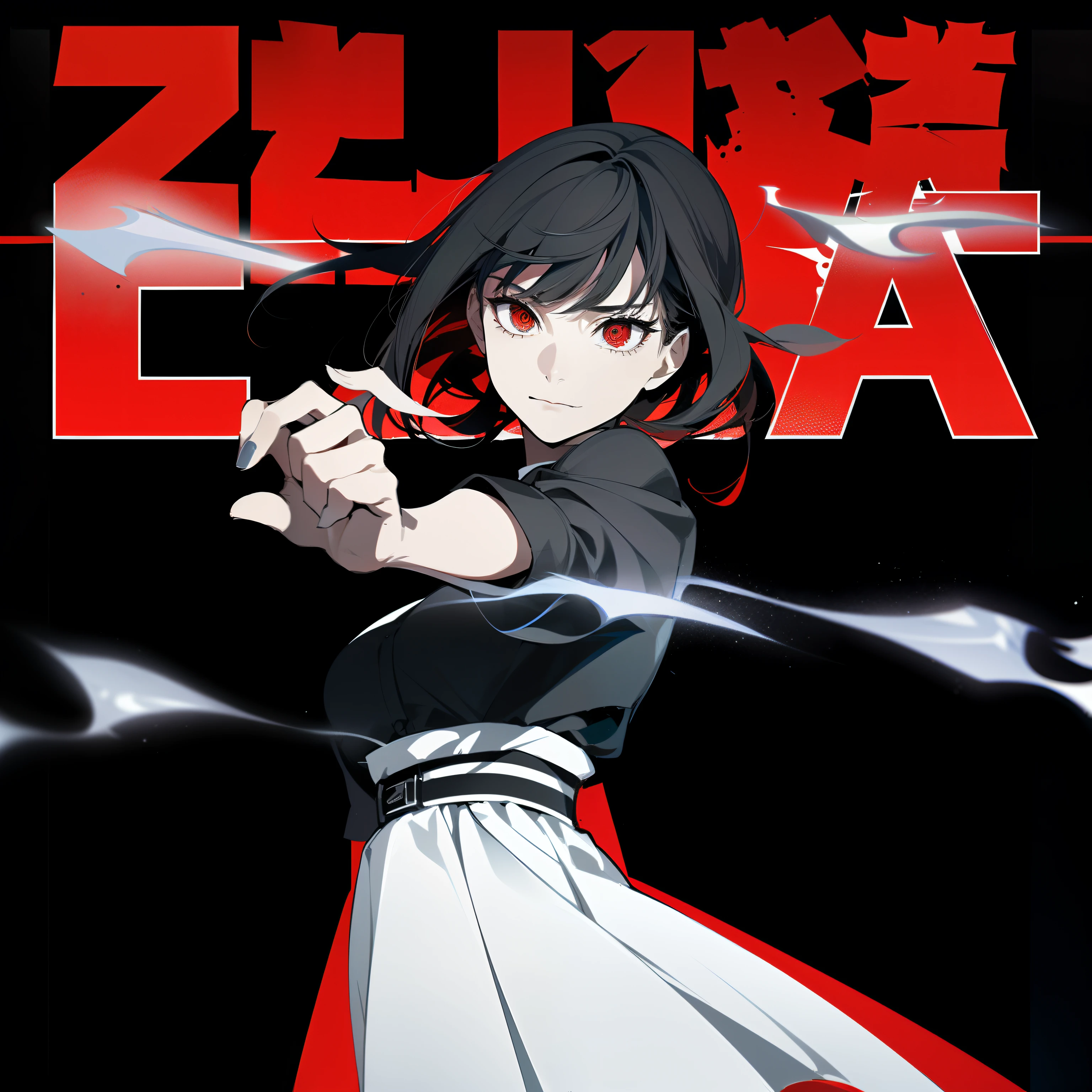 1girl, short black hair, red eyes, wearing black simple clothing, absurdres, high res, ultrasharp, 8K, masterpiece, looking at viewer, film poster featuring a young woman as the central character. She stands confidently in the center of the poster, with a determined expression on her face. The background is dark and gritty, with a sense of danger and intensity. The color palette is mainly dark with splashes red, giving the poster a dynamic and visually striking appearance,tachi-e (magazine:1.3), (cover-style:1.3), fashionable, woman, vibrant, outfit, posing, front, colorful, dynamic, background, elements, confident, expression, holding, statement, accessory, majestic, coiled, around, touch, scene, text, cover, bold, attention-grabbing, title, stylish, catchy, headline, larger, striking, modern, trendy, focus, fashion,