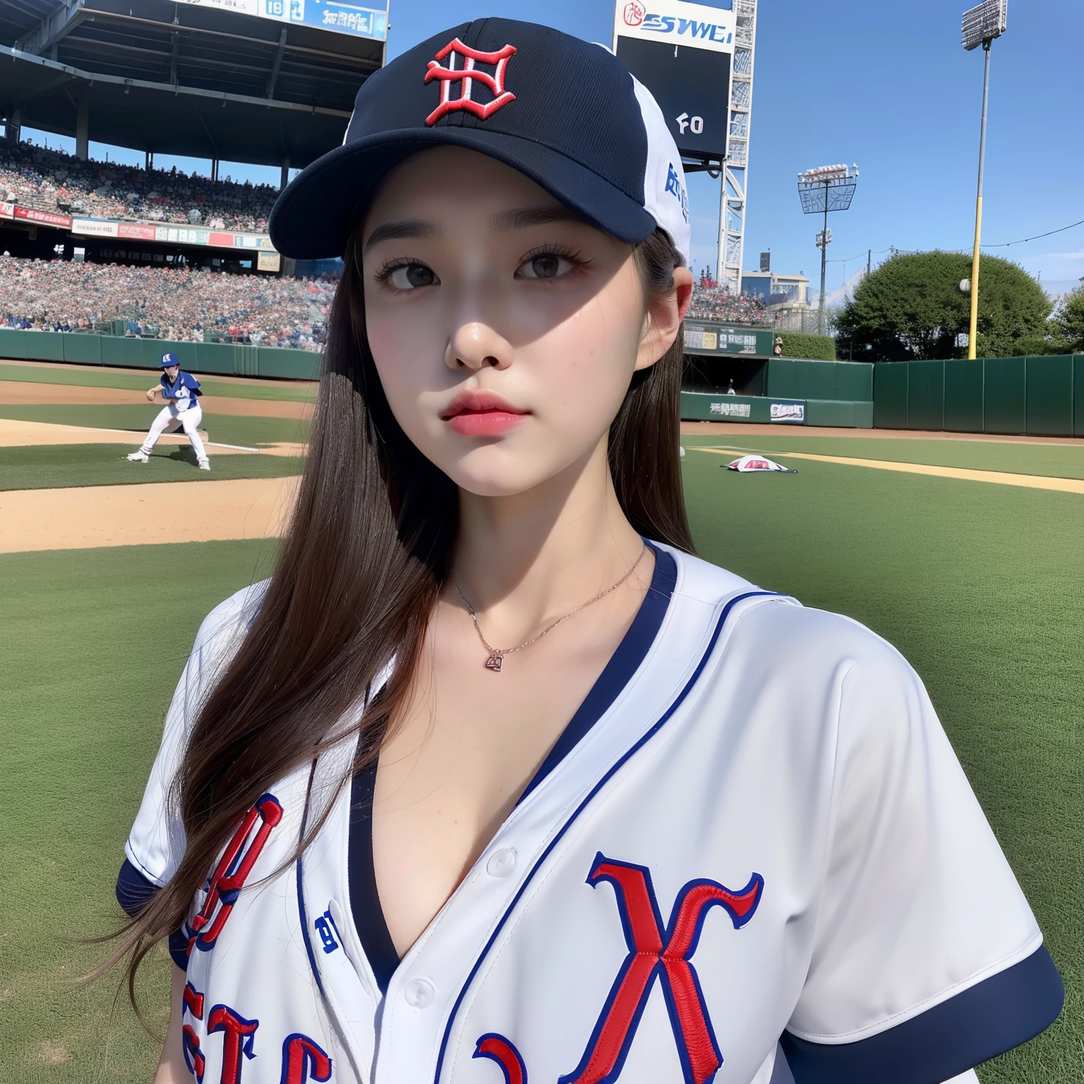 (Raw photography、8K、​masterpiece、hight resolution、very intricate)(realisitic:1.4)、Movie lighting Delicate girl with facial features
1 girl、single focus、Summer noon、Hot、1990's\(styles\)、Muscle whitening、(Colossal tits、cleavage of the breast)、(top-quality)、(a miniskirt)、(extremely delicate and beautiful)、、(Beautiful 8k face)、(Colorful eyes)、(ulzzang-6500:1.0)、(独奏)、(Watching side)、(audience)、(nffsw)、(Baseball Uniforms、Whiteware、Baseball Cap:1.4)、((Baseball Player))、((At the baseball field))、(现实)、18year old、Kpop Idol