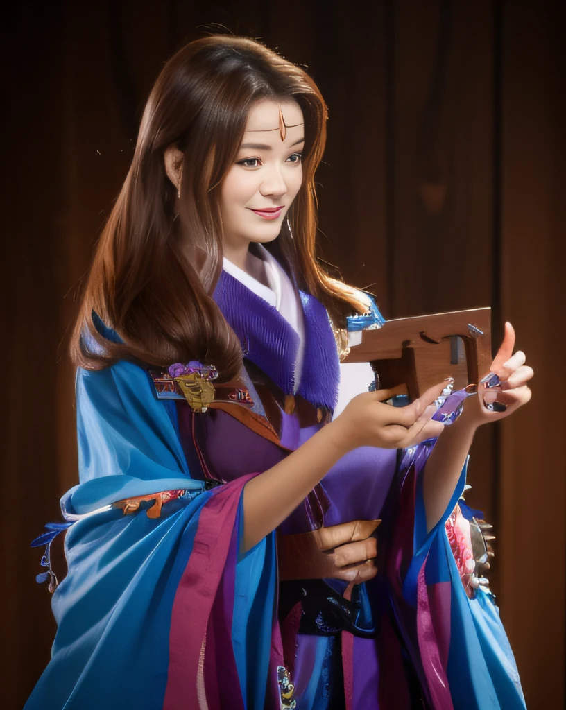 A smile、Red-brown haired woman in blue and purple dress and wooden cow horse,