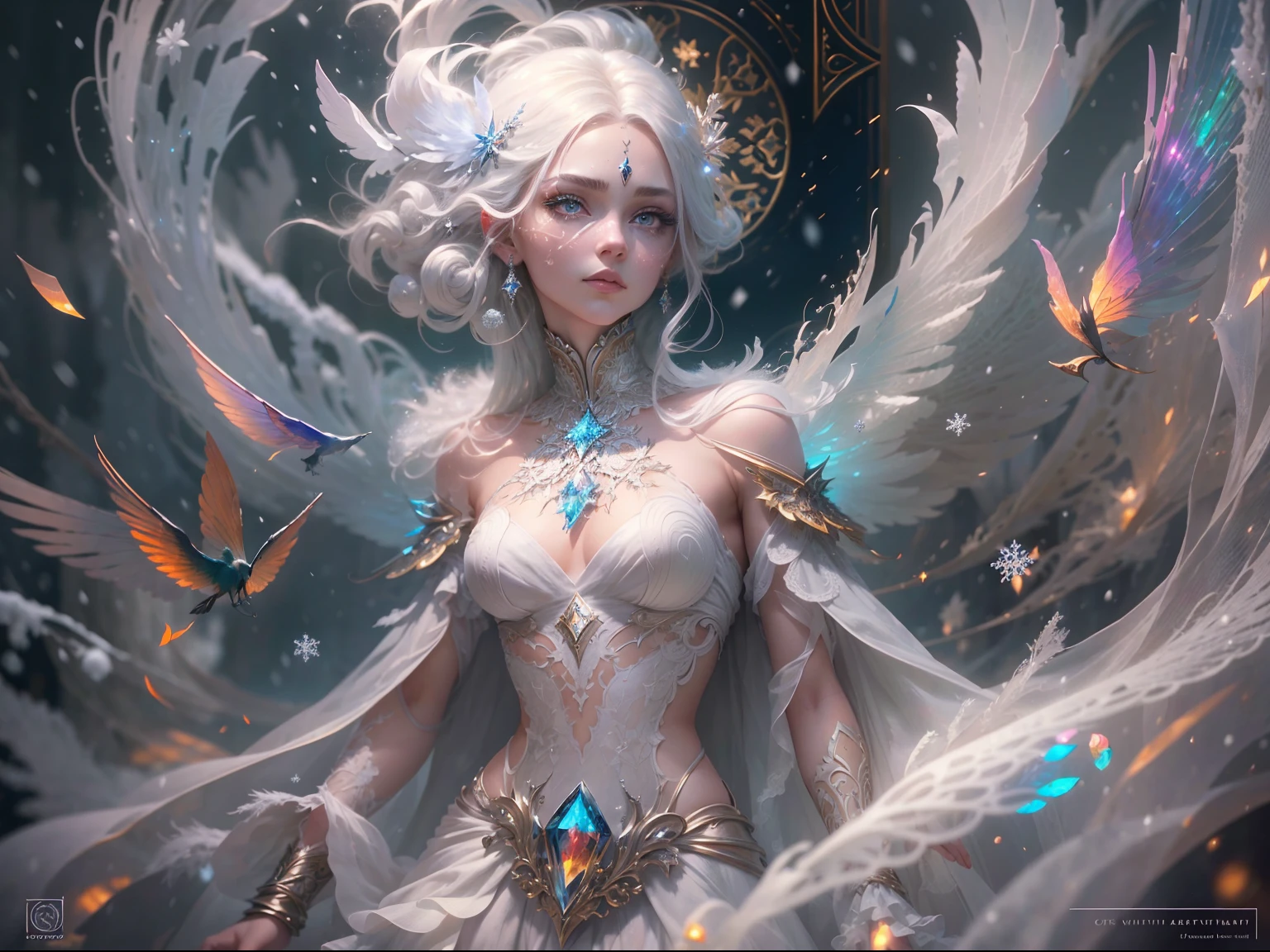(((masterpiece))), (((best quality))), ((ultra-detailed)),(highly detailed CG illustration), ((an extremely delicate and beautiful)),cinematic lighting. This is a realistic fantasy artwork with contrasting colors and a very mysterious aura. Generate a pure white woman with ((pure white skin)), metallic hair, and bold, colorful eyes. (((Her skin is whiter than snow))). Her face is extremely detailed with realistic shading and her eyes are extremely detailed with absurdly high resolution and bright, bold colors. (((Her eyes are important and must be perfect.))) She has soft, puffy lips. Include many fantasy details such as soft white feathers, beautiful French silk, delicate embroidery, snow, iridescence detailing, phantasmal iridescence detailing, and glitter. Include moonlight, snowflakes, and winterscapes. The character in the artwork is a delicate but strong petite figure with an aura of mystery and magic. The character's clothing should be designed with gossamer feathers, silk, stunning embroidery, and subtle iridescent details. Incorporate dreamy colors, dynamic lighting, and detailed background elements to create a sense of awe and immersion. Consider the latest trends in fantasy art, such as incorporating unique lighting effects, exploring dynamic and compelling composition techniques, and experimenting with unique color palettes. Take inspiration from the top artists on ArtStation and Midjourney. Camera: Choose an angle that highlights the character's beauty and enhances the magical majesty of the artwork. Lighting: Utilize atmospheric lighting techniques to create depth and mood. Resolution: Aim for a high-resolution artwork to showcase intricate details and clarity. Art Inspirations: Seek inspiration from the trending artists on ArtStation, exploring different styles, genres, and themes.