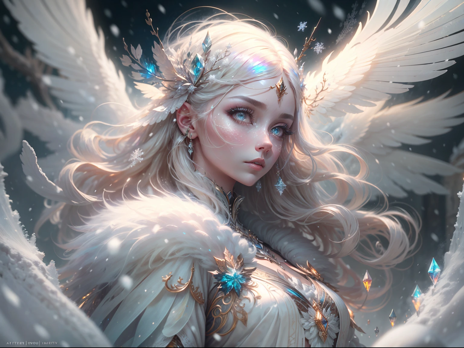 (((masterpiece))), (((best quality))), ((ultra-detailed)),(highly detailed CG illustration), ((an extremely delicate and beautiful)),cinematic lighting. This is a realistic fantasy artwork with contrasting colors and a very mysterious aura. Generate a pure white woman with ((pure white skin)), metallic hair, and bold, colorful eyes. (((Her skin is whiter than snow))). Her face is extremely detailed with realistic shading and her eyes are extremely detailed with absurdly high resolution and bright, bold colors. (((Her eyes are important and must be perfect.))) She has soft, puffy lips. Include many fantasy details such as soft white feathers, beautiful French silk, delicate embroidery, snow, iridescence detailing, phantasmal iridescence detailing, and glitter. Include moonlight, snowflakes, and winterscapes. The character in the artwork is a delicate but strong petite figure with an aura of mystery and magic. The character's clothing should be designed with gossamer feathers, silk, stunning embroidery, and subtle iridescent details. Incorporate dreamy colors, dynamic lighting, and detailed background elements to create a sense of awe and immersion.  Consider the latest trends in fantasy art, such as incorporating unique lighting effects, exploring dynamic and compelling composition techniques, and experimenting with unique color palettes. Take inspiration from the top artists on ArtStation and Midjourney. Camera: Choose an angle that highlights the character's beauty and enhances the magical majesty of the artwork. Lighting: Utilize atmospheric lighting techniques to create depth and mood. Resolution: Aim for a high-resolution artwork to showcase intricate details and clarity. Art Inspirations: Seek inspiration from the trending artists on ArtStation, exploring different styles, genres, and themes.