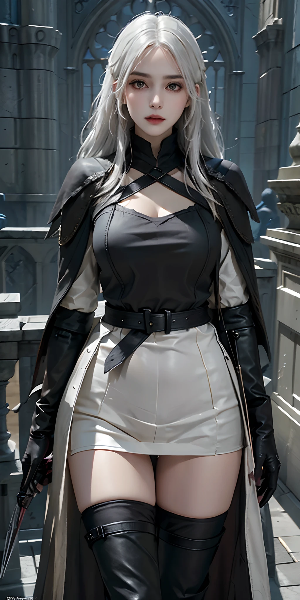 photorealistic, high resolution, soft light,1women, solo, hips up, look at viewer, (detailed face), white hair, bangs, edgBB, black gloves, belt, coat, torn clothes, capelet, gauntlets, vambraces, black capelet, hunter (bloodborne), woman wearing edgBB_outfit, outdoors, gothic architecture, jewelry