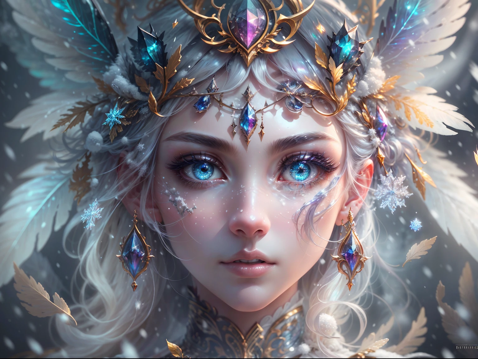 (((masterpiece))), (((best quality))), ((ultra-detailed)),(highly detailed CG illustration), ((an extremely delicate and beautiful)),cinematic lighting. This is a realistic fantasy artwork with contrasting colors and a very mysterious aura. Generate a pure white woman with ((pure white skin)), metallic hair, and bold, colorful eyes. (((Her skin is whiter than snow))). Her face is extremely detailed with realistic shading and her eyes are extremely detailed with absurdly high resolution and bright, bold colors. (((Her eyes are important and must be perfect.))) She has soft, puffy lips. Include many fantasy details such as soft white feathers, beautiful French silk, delicate embroidery, snow, iridescence detailing, phantasmal iridescence detailing, and glitter. Include moonlight, snowflakes, and winterscapes. The character in the artwork is a delicate but strong petite figure with an aura of mystery and magic. The character's clothing should be designed with gossamer feathers, silk, stunning embroidery, and subtle iridescent details. Incorporate dreamy colors, dynamic lighting, and detailed background elements to create a sense of awe and immersion.  Consider the latest trends in fantasy art, such as incorporating unique lighting effects, exploring dynamic and compelling composition techniques, and experimenting with unique color palettes. Take inspiration from the top artists on ArtStation and Midjourney. Camera: Choose an angle that highlights the character's beauty and enhances the magical majesty of the artwork. Lighting: Utilize atmospheric lighting techniques to create depth and mood. Resolution: Aim for a high-resolution artwork to showcase intricate details and clarity. Art Inspirations: Seek inspiration from the trending artists on ArtStation, exploring different styles, genres, and themes.