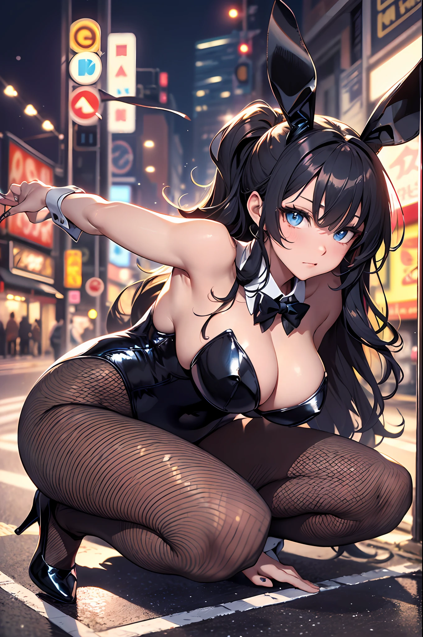 (top-quality、in 8K、32K、masterpiece、nffsw、ighly detailed、Impresionismo、Photorealsitic:1.2)、Full body, (Neon Street、on the road:1.4)、deep-shadows、detailed faces and eyes、beauitful face、blurry backround、20-year-old beauty、shinny skin, Beautiful wavy golden hair、 poneyTail、Blue eyes、beauitful face、blurry backround、Playboy Bunny Girl、High-cut leotards、a bow tie、White cuffs、Wearing fishnet stockings、Black rabbit ears、Have a tray of liquor、crouching down、Embarrassed face、Curve、