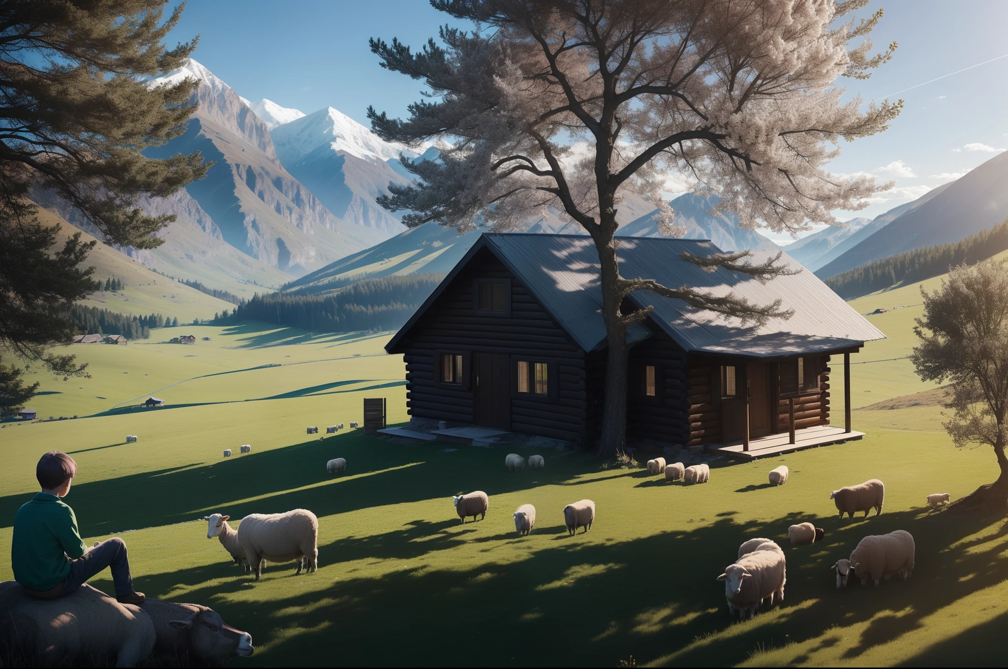 A boy sitting on the grass, with the back against a tree, surrounded by a lot of ruminating sheeps. Grass and bushes. Faraway a cabin with big windows on he top of the hill. Clear day of Spring.