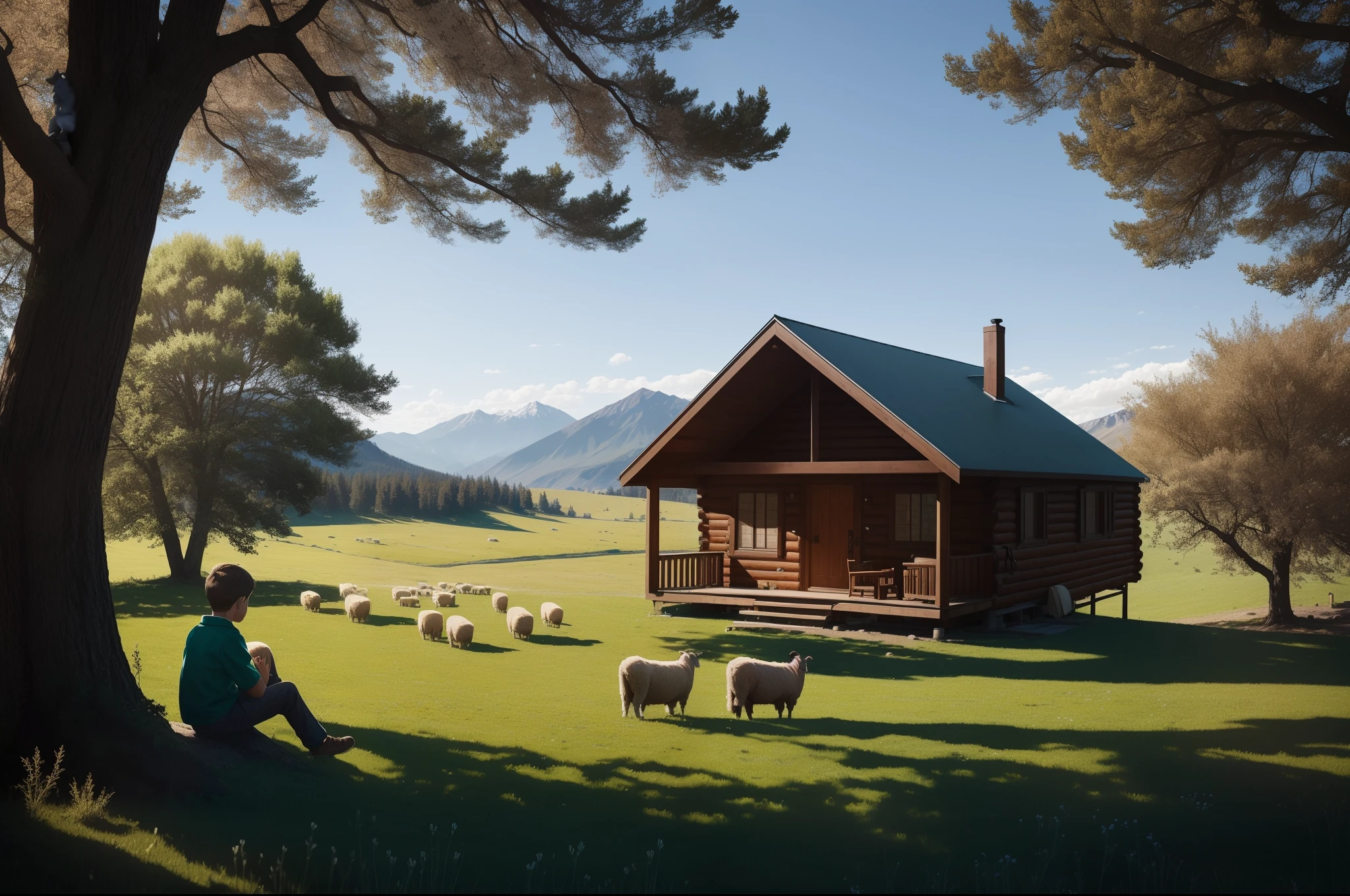 A boy sitting on the grass, with the back against a tree, surrounded by a lot of ruminating sheeps. Grass and bushes. Faraway a cabin with big windows on he top of the hill. Clear day of Spring.