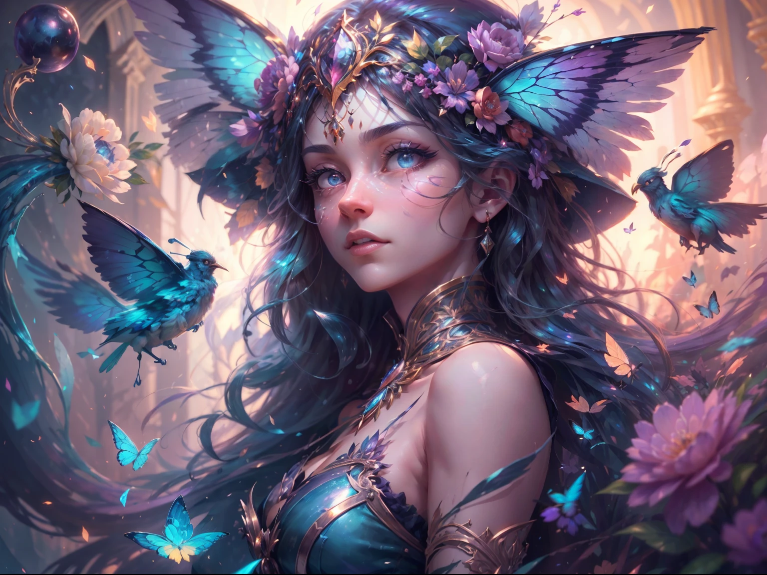 (((masterpiece))), (((best quality))), ((ultra-detailed)),(highly detailed CG illustration), ((extremely delicate and beautiful)) Create a stunning fantasy artwork that mimics the style of currently trending masters of the genre. The art piece should contain elements of both mythic fantasy and fairytale fantasy with (watercolor accents in shades of blue, pink, and purple). Generate a delicate but strong figure with an aura of mystery and magic and stunningly realistic eyes. The character should be petite with subtle breasts. Pay close attention to intricate facial features, such as mesmerizing eyes with vibrant colors and delicate shading. The character's clothing should be designed with gossamer feathers, silk, stunning embroidery, and subtle iridescent details. Incorporate vibrant colors, dynamic lighting, and detailed background elements to create a sense of awe and immersion. Include colorful flying magical birds and jewel-toned butterflies radiating a magical aura. Consider the latest trends in fantasy art, such as incorporating unique lighting effects, exploring dynamic and compelling composition techniques, and experimenting with unique color palettes. Take inspiration from the top artists on ArtStation and Midjourney. Camera: Choose an angle that highlights the character's beauty and enhances the magical majesty of the artwork. Lighting: Utilize atmospheric lighting techniques to create depth and mood. Resolution: Aim for a high-resolution artwork to showcase intricate details and clarity. Art Inspirations: Seek inspiration from the trending artists on ArtStation, exploring different styles, genres, and themes.