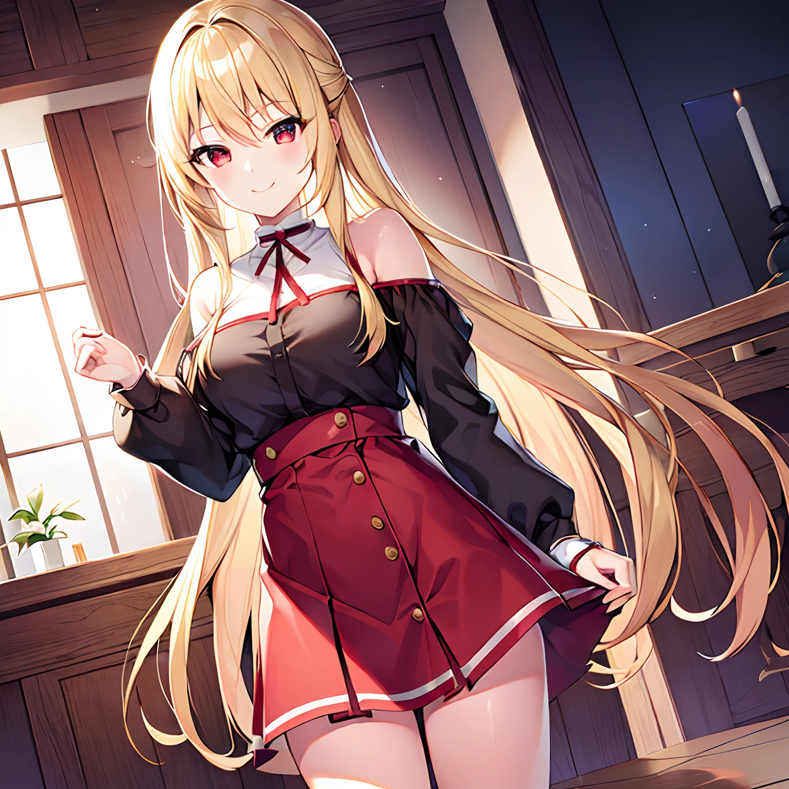 a blond、red eyes、Beautiful girl alone、独奏、animesque、doress、off shoulders、a miniskirt、a smile