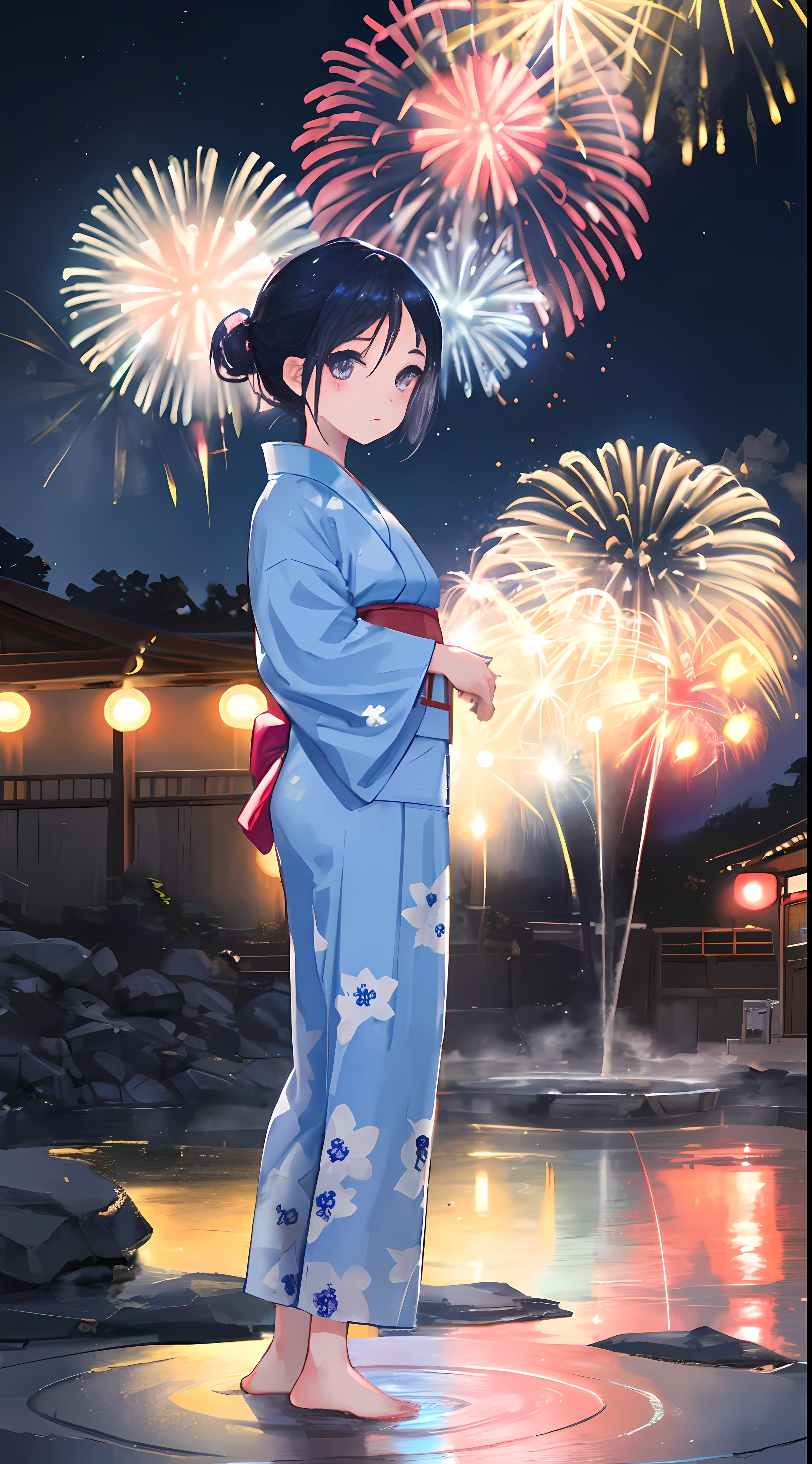 In front of the square of the beautiful hot spring town、Big fireworks blooming in the night sky、A teenage girl who is fascinated by its beauty、Wearing a light blue yukata、Standing with a super emotional expression。The light of the fireworks is reflected in her eyes.、It is as if distant memories and dreams intersect。