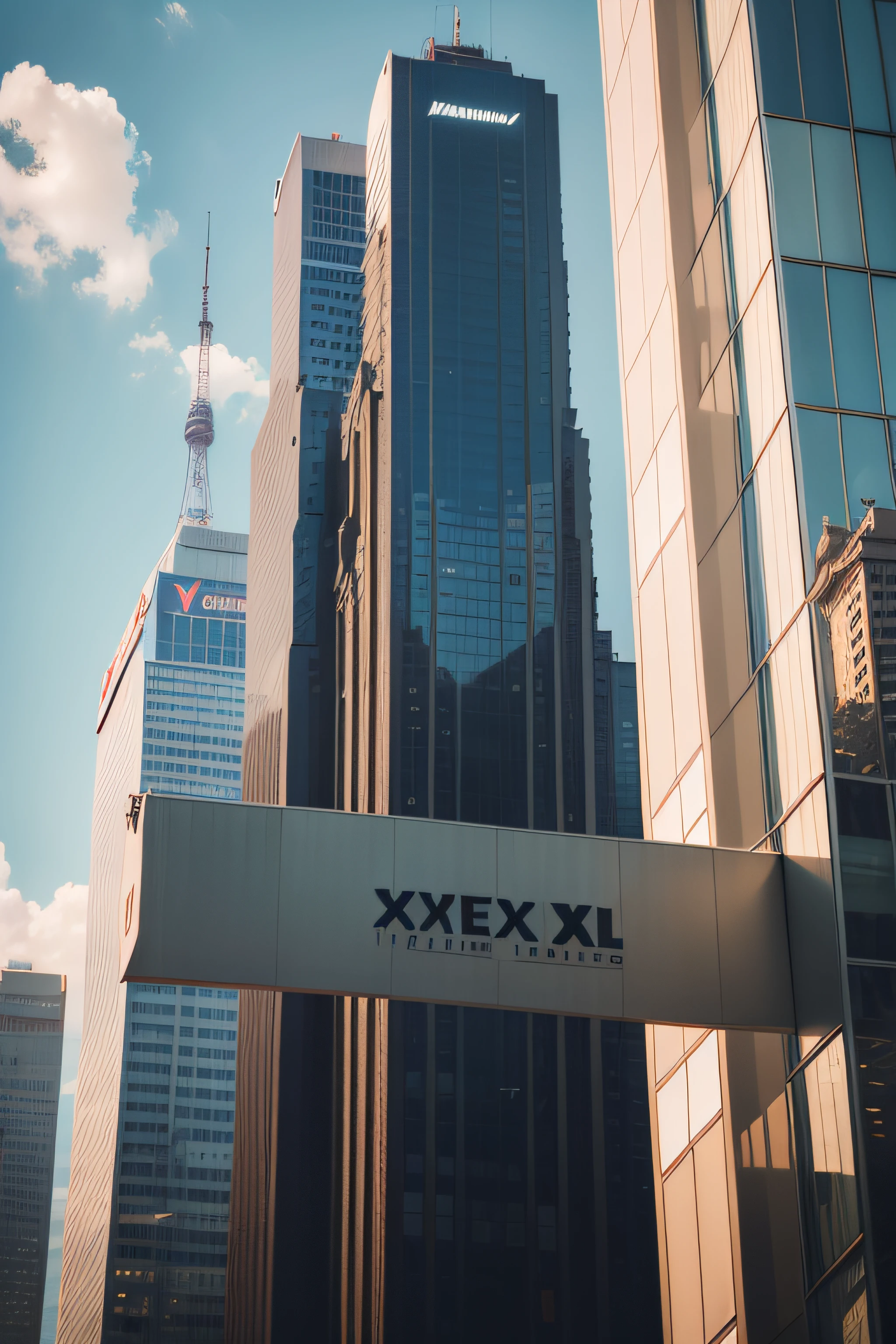 Make me a brand logo of my company written ("XXL traders"), in a skyscraper building, without any people and with several flying cars, com o tema da bolsa de valores em um estilo de arte futurista.