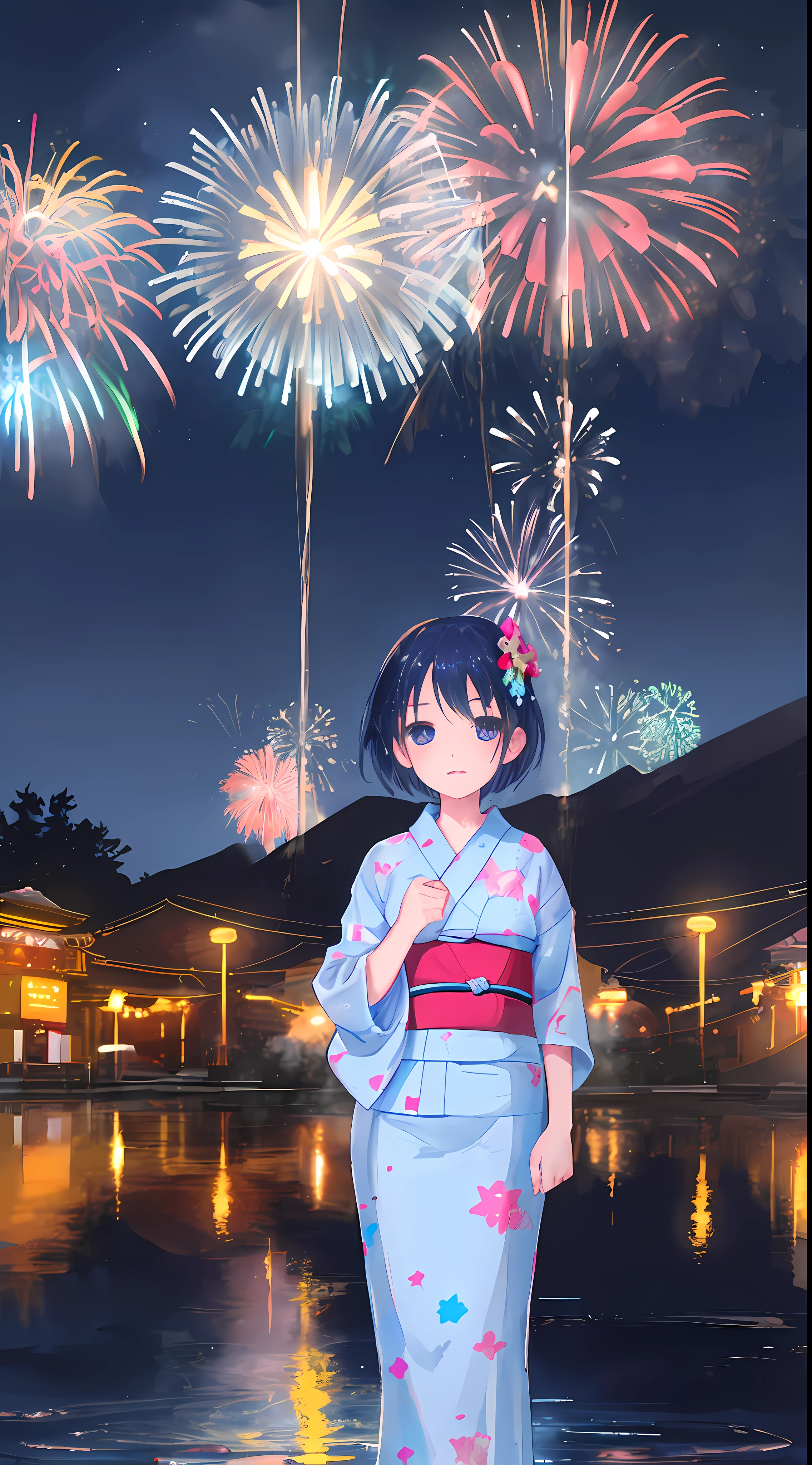 In front of the square of the beautiful hot spring town、Big fireworks blooming in the night sky、A teenage girl who is fascinated by its beauty、Wearing a light blue yukata、Standing with a super emotional expression。The light of the fireworks is reflected in her eyes.、It is as if distant memories and dreams intersect。