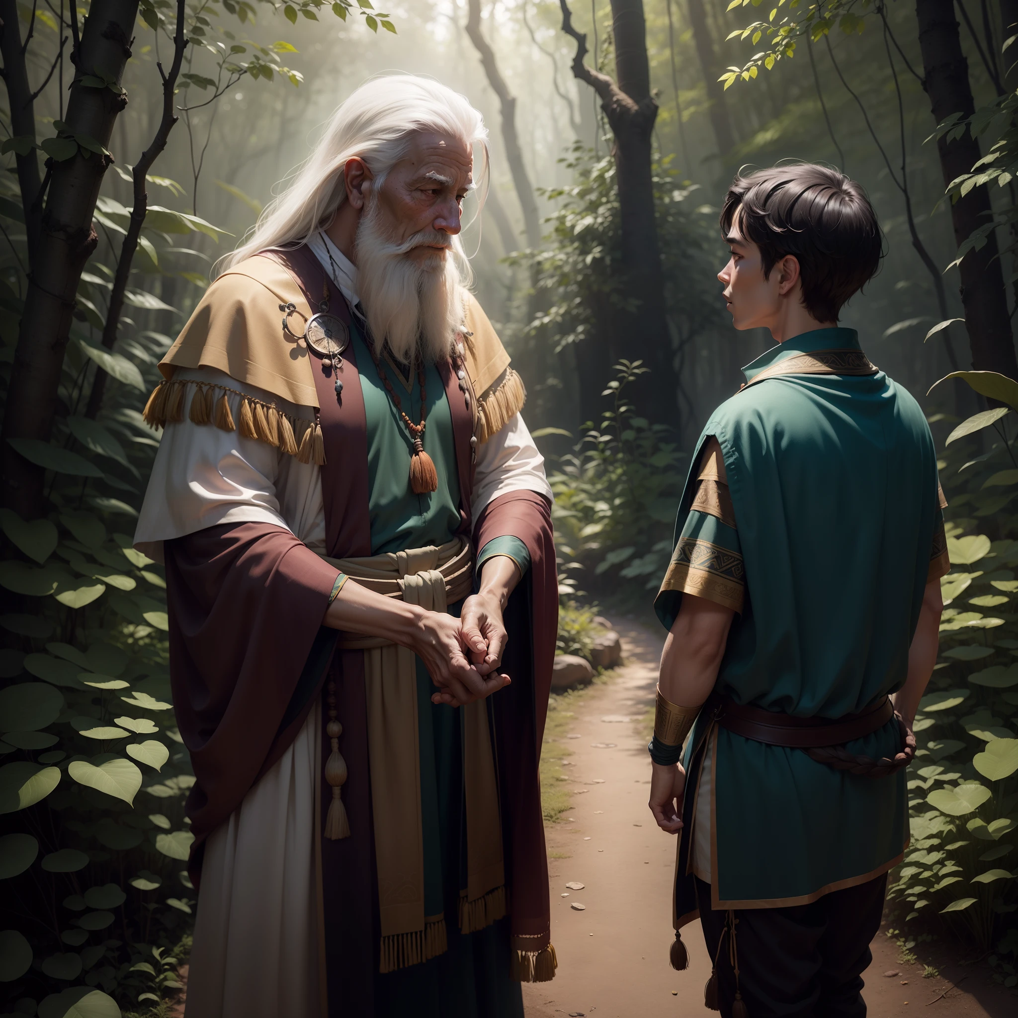 senhor de cabelos grisalhos, Elder talking to a boy in the forest, Qualidade total, alta qualidade