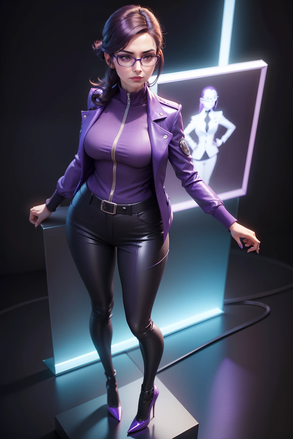 A woman (REALISTIC) in a purple jacket and glasses standing on a plinth, upper body avatar, demo reel 3d avatar, corporate animation style, very stylized, caricature, 3d animation, 3d animation, her avatar of personal data, highly stylized, corporate holograms, simple stylized, rotoscoped,