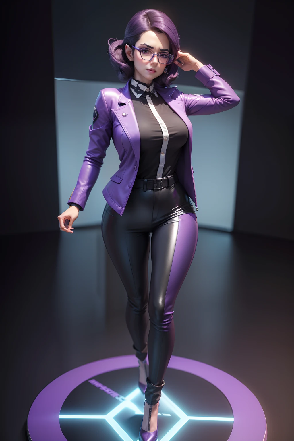 A woman (REALISTIC) in a purple jacket and glasses standing on a plinth, upper body avatar, demo reel 3d avatar, corporate animation style, very stylized, caricature, 3d animation, 3d animation, her avatar of personal data, highly stylized, corporate holograms, simple stylized, rotoscoped,