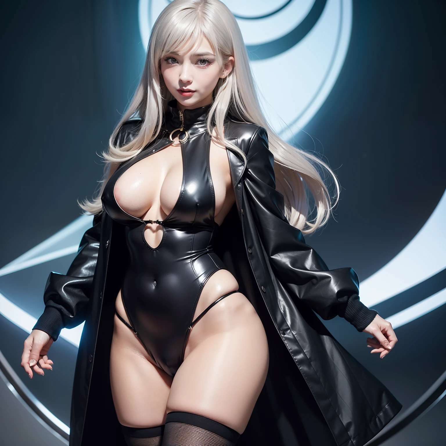 High image, Super Detail, High resolution, Anime, Manga, Illustration, Black Knee High Socks, thighs thighs thighs thighs, Tight knitted skirt, oversized outerwear, SPEEDLINE, Beautiful woman, Adult face, make up, Ecstatic expression, Amorous expression, Seductive look, Flowing layered Messy Silver Medium Hair, shimmering sharp big golden eyes, medium breasts, under the boobs, sideboob barbosa, great proportion, perfectly proportions, slender, Full body
