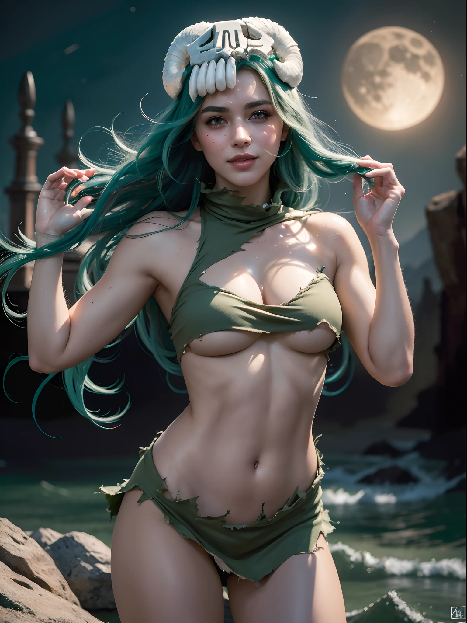 (masterpiece, best quality:1.4), (full body), (standing:1.2), (dynamic pose:1), odelschwanck, green hair, skull, torn clothes, underboob, skirt, sexy smile, looking at viewer, beautifull smile, beautiful face, highly detailed face, highly detailed eyes, highly detailed skin, skin pores, subsurface scattering, realistic pupils, full face blush, full lips, detailed background, depth of field, volumetric lighting, sharp focus, absurdres, realistic proportions, good anatomy, (realistic, hyperrealistic:1.4), moon background, nightlight 16k hdr,