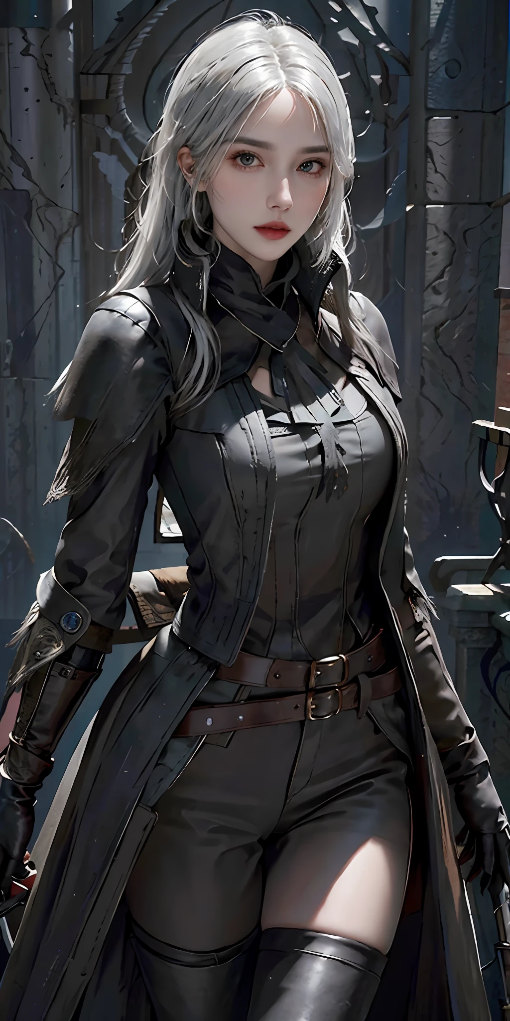 photorealistic, high resolution, soft light,1women, solo, hips up, look at viewer, (detailed face), white hair, bangs, edgBB, black gloves, belt, coat, torn clothes, capelet, gauntlets, vambraces, black capelet, hunter (bloodborne), woman wearing edgBB_outfit, outdoors, gothic architecture, jewelry