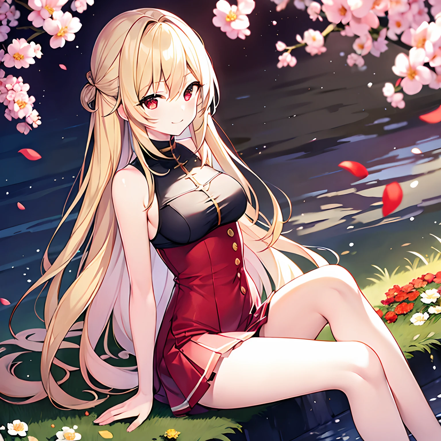 a blond、red eyes、Beautiful girl alone、独奏、animesque、doress、a miniskirt、flower  field、cross-legs sitting、Underwear is slightly visible、a smile