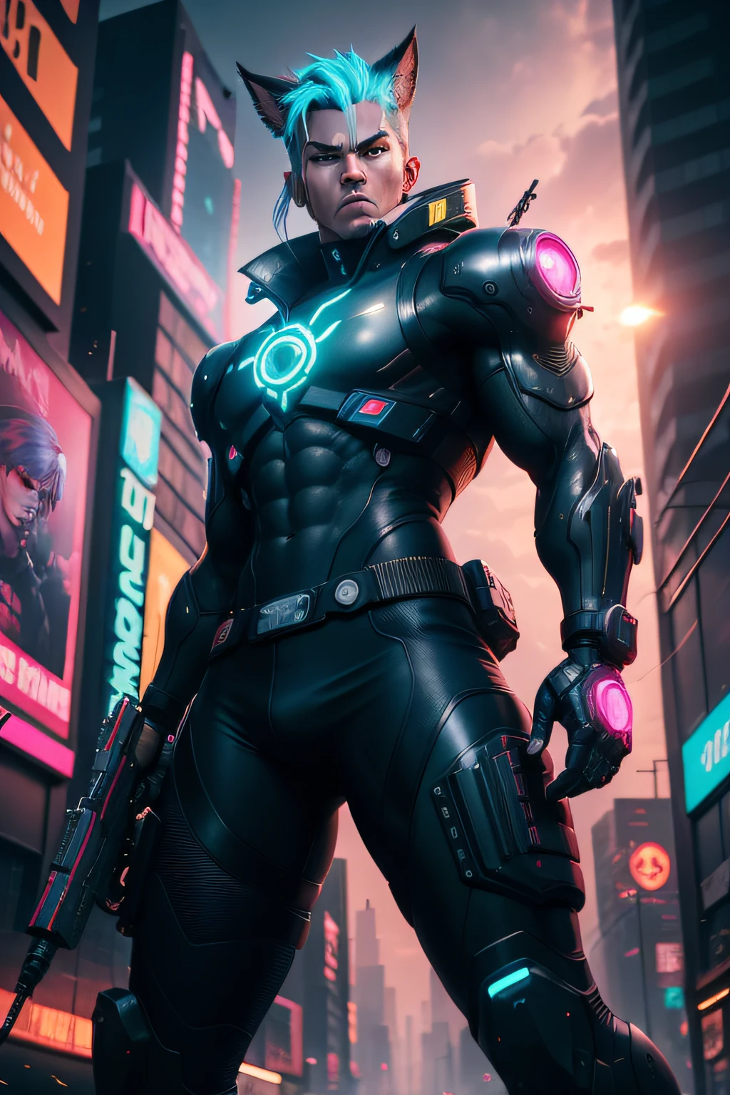 Anime style 2D, based in Cyberpunk 2077: Edge Runners Netflix series, a cyborg anthopomorphic lynx, 50 years old, character, fighting Androids on a futuristic Night city, cyberpunk and urban clothes, muscular body, electric blue jacket, carrying futuristic crossbow, dynamic Action, dynamic movement, shothing each other, epic, dramatic, intense, low Angle view , neon lights, bokeh, hyper-detailed --ar 16:9 --niji 5