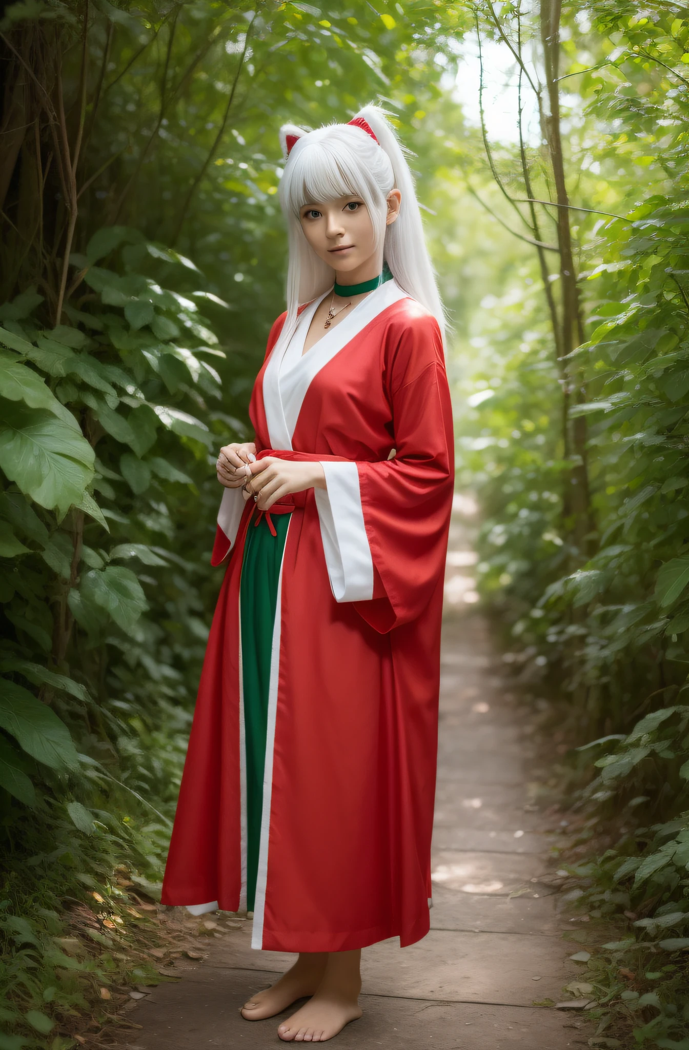 red1Color clothes、White hair、Inside the old hut、Create photorealistic images of Eri Kamei cosplay "inuyasha" From the anime InuYasha. Eli must have long white hair, Ears like a dog, And green eyes. She should wear Inuyasha's signature red robe, Barefoot, The sword of Tesaiga in his hand. There should be a necklace of bone beads around her neck. The setting is、While maintaining a high level of realism、It is necessary to emphasize her cute appearance. The background is、Can be a serene Japan shrine or forest, Reminiscent of an anime setting. Images must be 16:9 aspect ratio, Capture intricate details of cosplay and environments. --ar 16:9 - V5.1 --Style raw --Q 2 --S 750