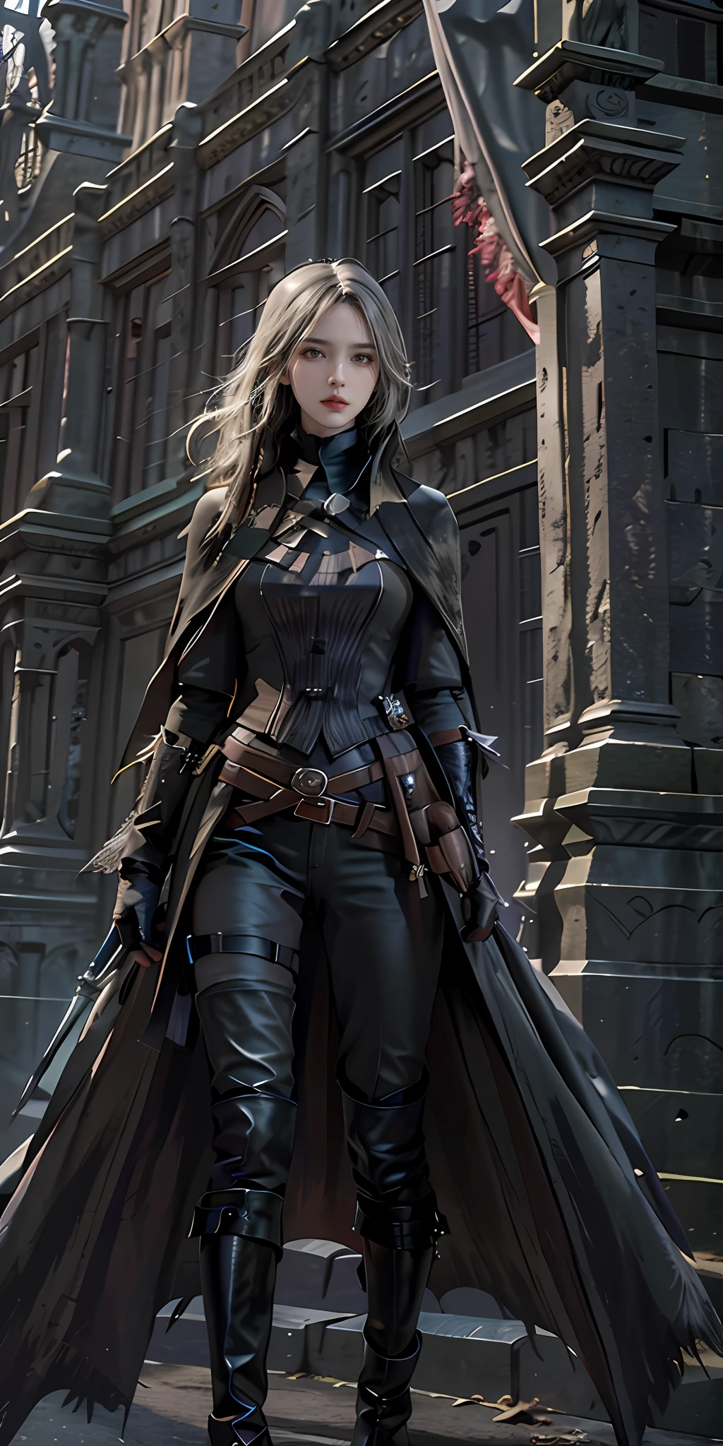 photorealistic, high resolution, soft light,1women, solo, hips up, look at viewer, (detailed face), bangs, edgBB, black gloves, belt, coat, torn clothes, capelet, gauntlets, vambraces, black capelet, hunter (bloodborne), woman wearing edgBB_outfit, outdoors, gothic architecture, jewelry