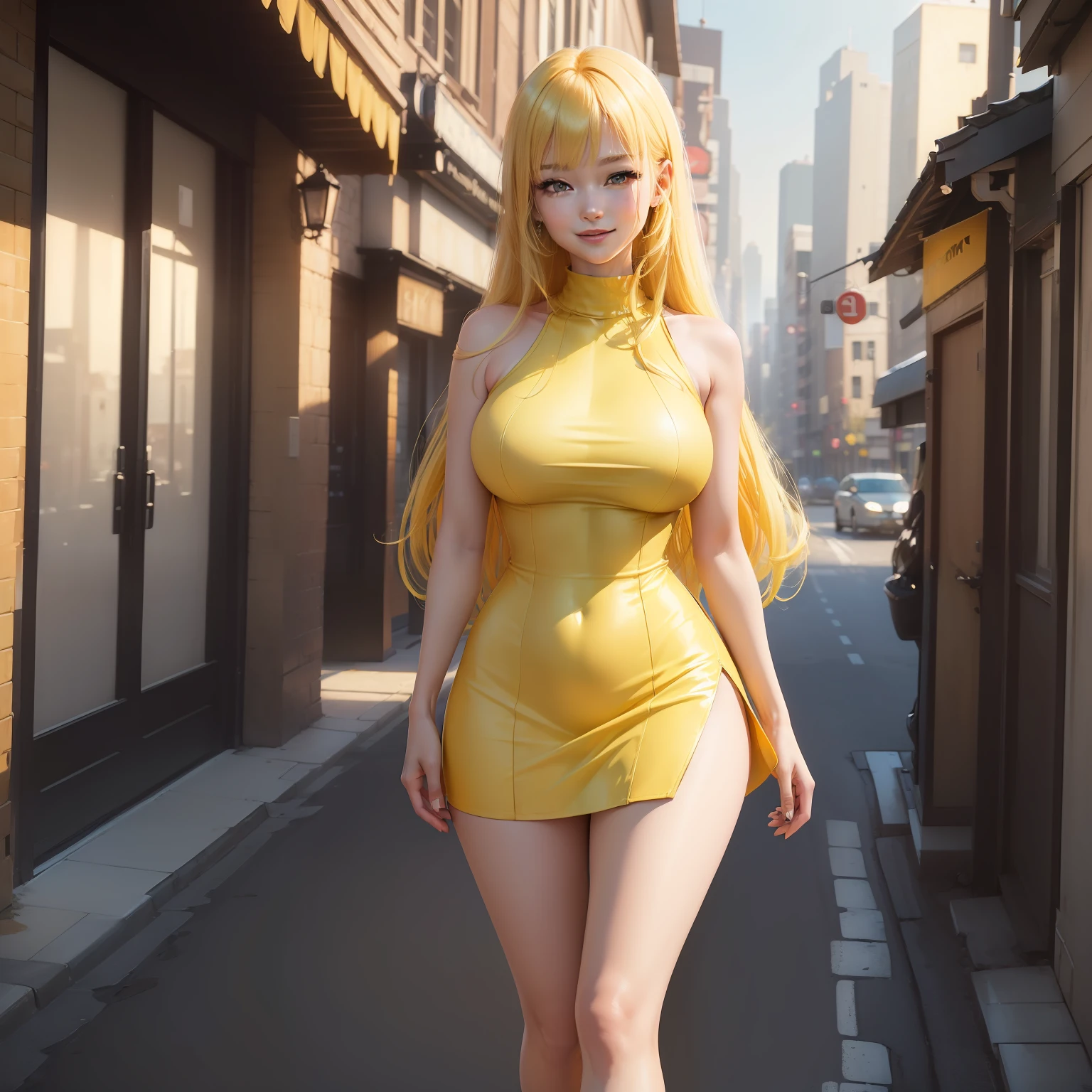 ((top-quality、in 8K、masterpiece:1.3))、1Man Woman、straight haired、Yellow hair、Tight dress with visible body lines(a miniskirt)、realisticlying、realisitic、A slightly more detailed face、large full breasts、A tall、Inside the city、Cute smile