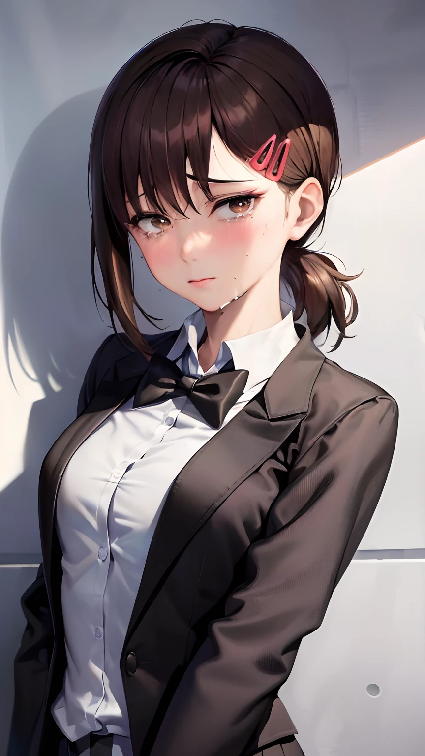 (SFW), (Masterpiece: 1.2), Best Quality, Masterpiece, High Resolution, Original, Highly Detailed Wallpaper, (Super Detail), (Best Illustration), (Best Shadow), (Realism), Small, Perky Breasts, Business Suit, Mad Face, Yandere, Sweaty, Crying, Blushing, Blazer, Black Tie, Shirt with White Collar (Brown Eyes)