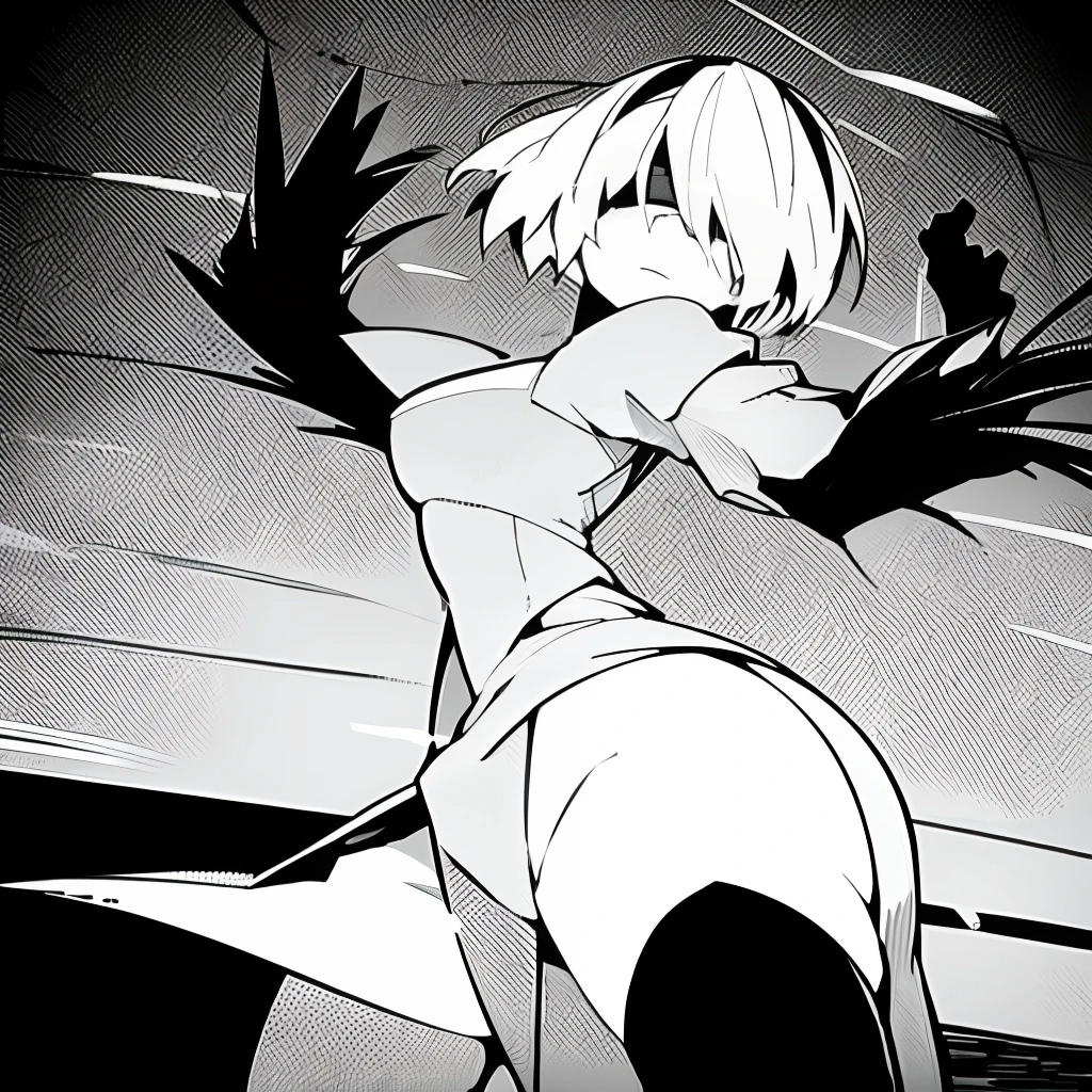 YoRHa No. 2 Type B, mysterious ambiance, expressionless face, dynamic pose, blindfold, solitary presence,Nier: Automata 2B, a fierce fighter with a stunning sword, showcasing her powerful thighs and elegant attire, exuding strength and beauty with a touch of sophistication