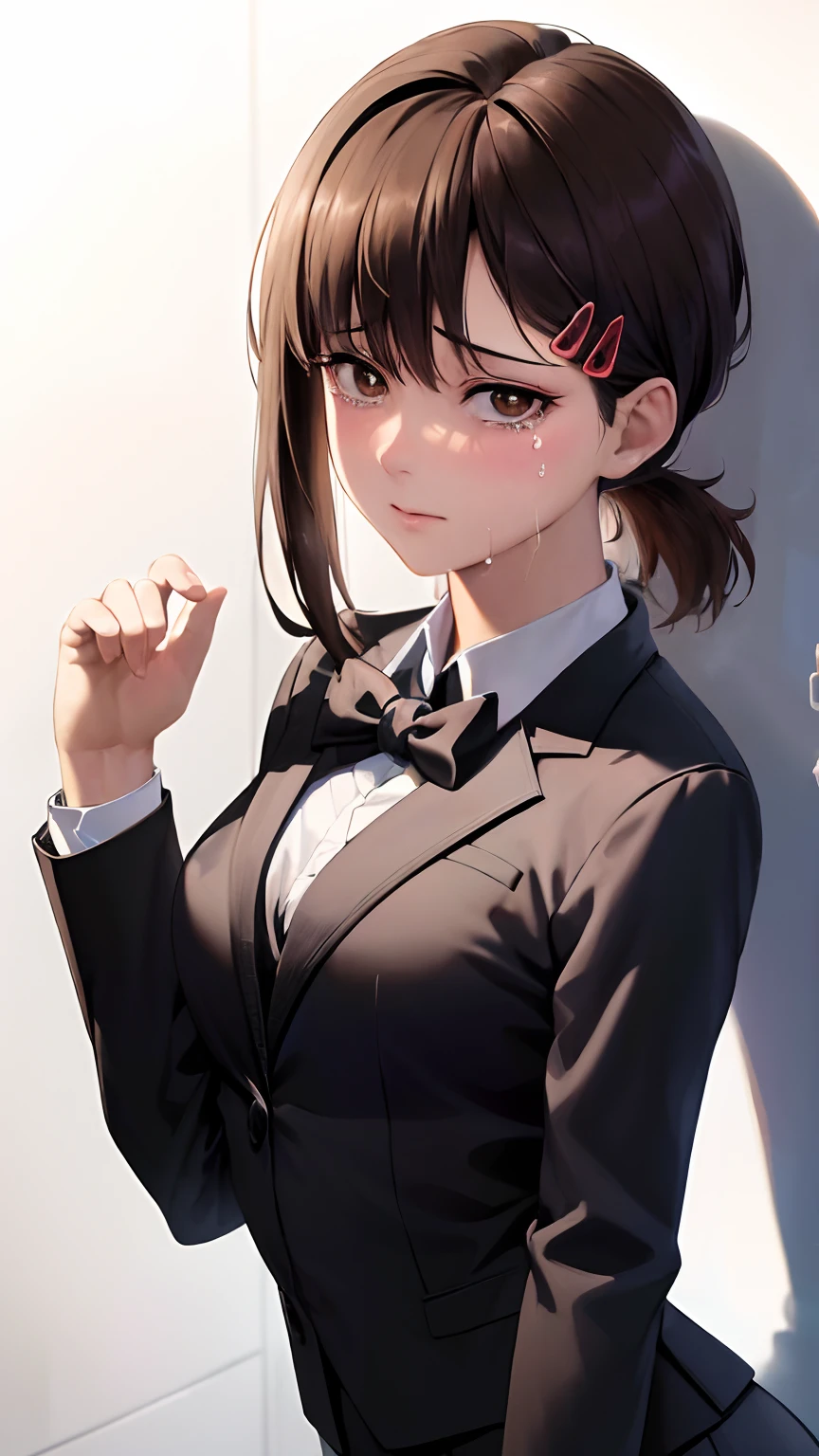 (SFW), (Masterpiece: 1.2), Best Quality, Masterpiece, High Resolution, Original, Highly Detailed Wallpaper, (Super Detail), (Best Illustration), (Best Shadow), (Realism), Small, Perky Breasts, Business Suit, Mad Face, Yandere, Sweaty, Crying, Blushing, Blazer, Black Tie, Shirt with White Collar (Brown Eyes)