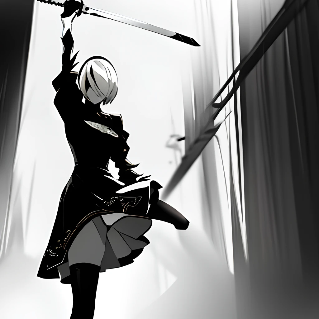 YoRHa No. 2 Type B, mysterious ambiance, expressionless face, dynamic pose, blindfold, solitary presence,Nier: Automata 2B, a fierce fighter with a stunning sword, showcasing her powerful thighs and elegant attire, exuding strength and beauty with a touch of sophistication