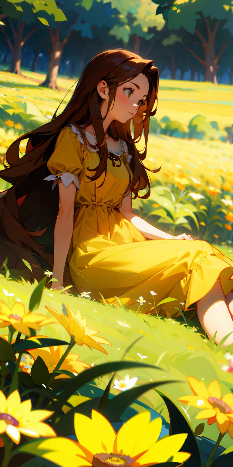 (masterpiece, best quality),1girl with long brown hair sitting in a field of green plants and flowers, having a picnic, warm lighting, yellow dress, blurry foreground