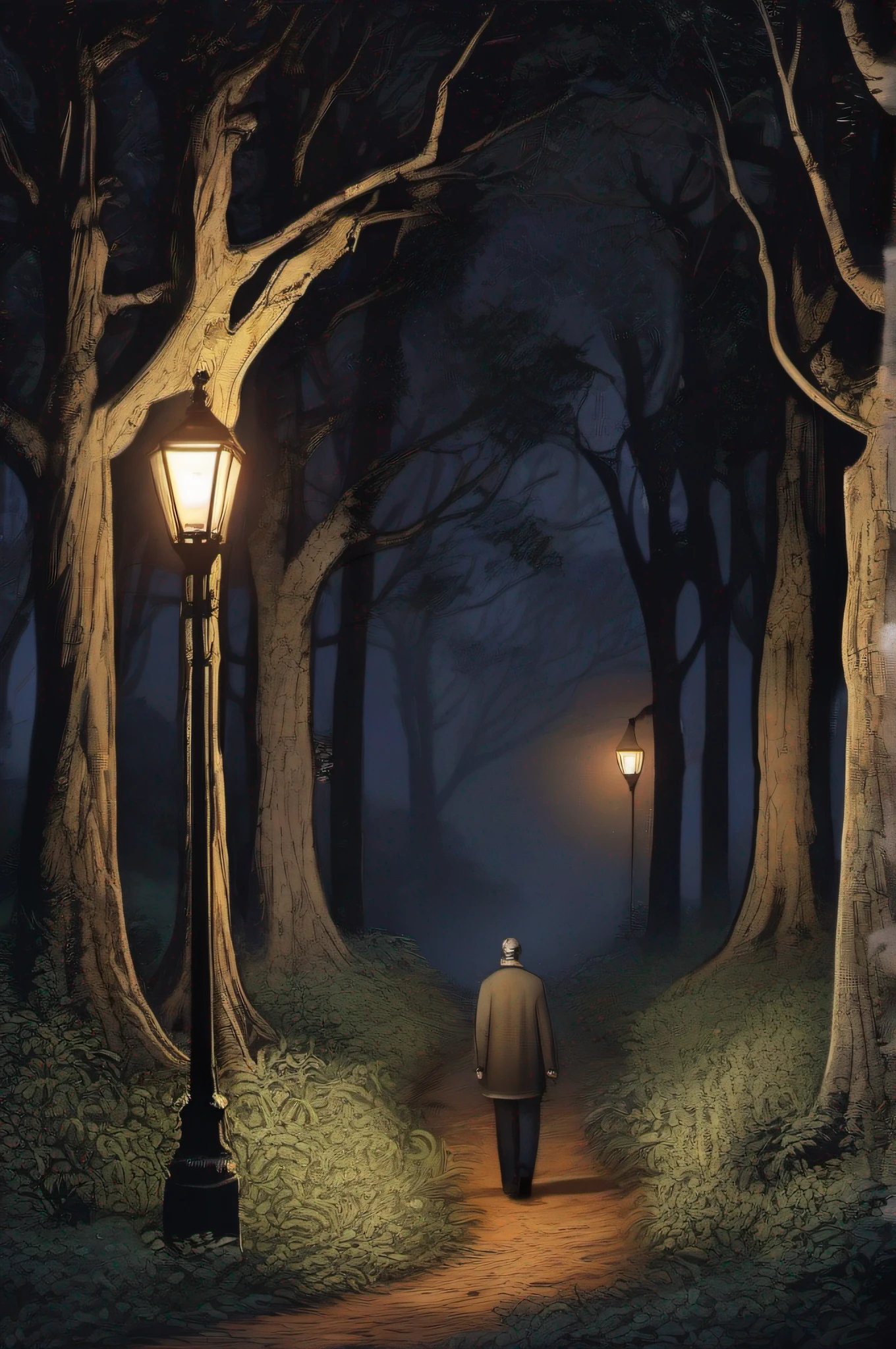 In the night and mysterious setting, Ramiro cavalga sua mula em uma estrada sombria, surrounded by tall trees. A dark shadow ahead suggests haunting. Ele enfrenta seu medo com coragem, while Joshua and Raynald appear drunk. The atmosphere is charged with tension and mystery.