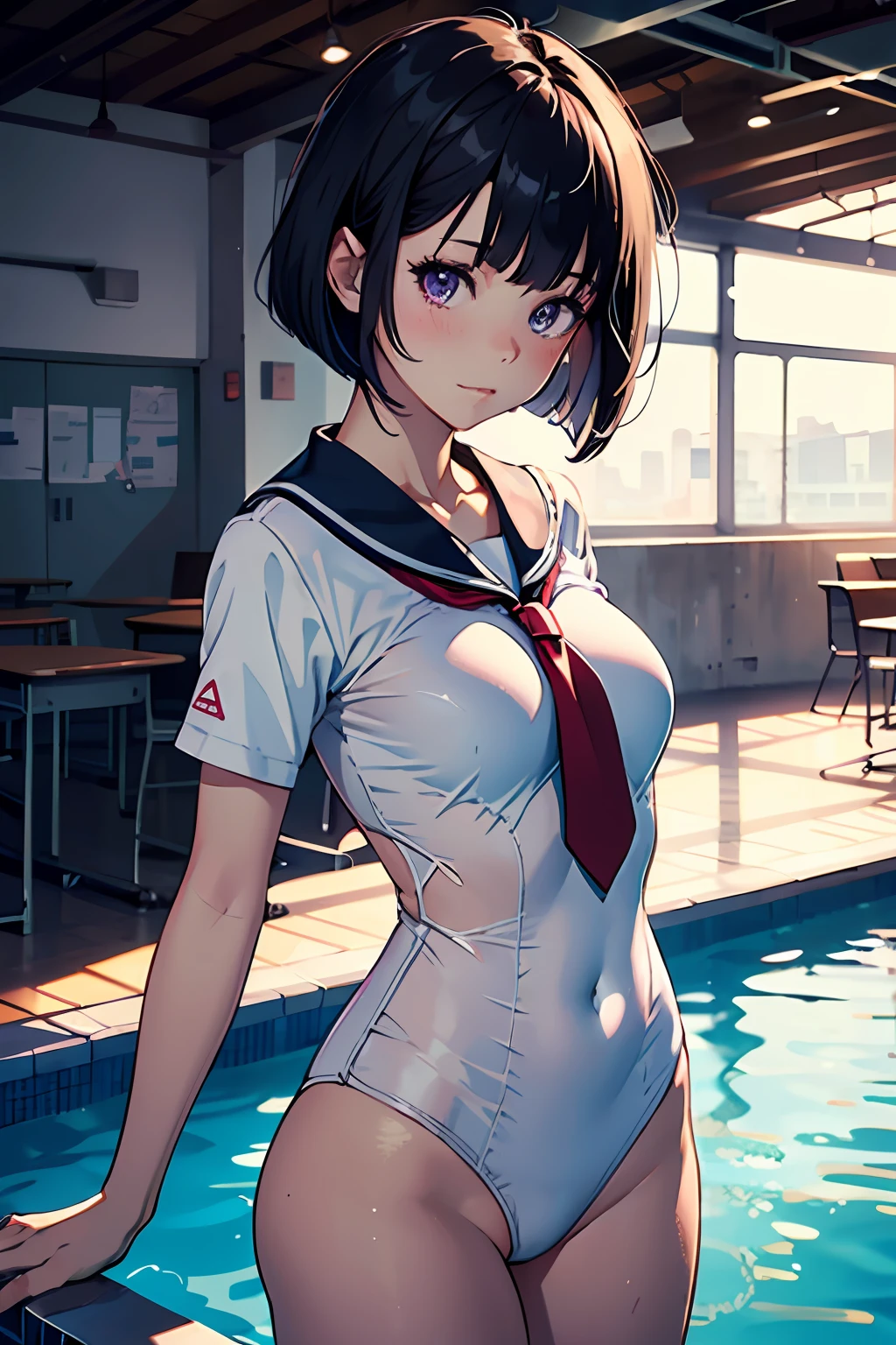 ((masutepiece,Best Quality)), hight resolution, Very detailed 8k wallpaper, Depth_In the_field, Best Shadow, (Colorful),(Delicate eyes and face), nice hand, Perfect hands, volumatic light, Ray tracing, BREAK
(1girl in), , hair: {Black hair, (Messy bob cut:1.2), Blunt bangs, [[Medium Hair]], (Big hair:1.2)} Purple eyes, Sharp eyes, Big breasts, slender, skinny, Happy, blush, BREAK,
(((Parted clothes at the top and bottom))), White shirt, (Sailor collar:1.2), (Red tie:1.3), (Wearing a white uniform over school swimsuit:1.2), (Close the front of the shirt), (White shirt covers the chest of the swimsuit:1.1), (Short sleeves:1.1), (Blue one-piece swimsuit:0.7), (white thighhig:1.2), lowfers, ((dark blue school swimsuit)), (swimsuit navel:0.9), see-through white uniform, BREAK,
Cowboy Shots, Looking at Viewer, bare thigh, Night Pool,Night, Ultra detailed backgrounds,