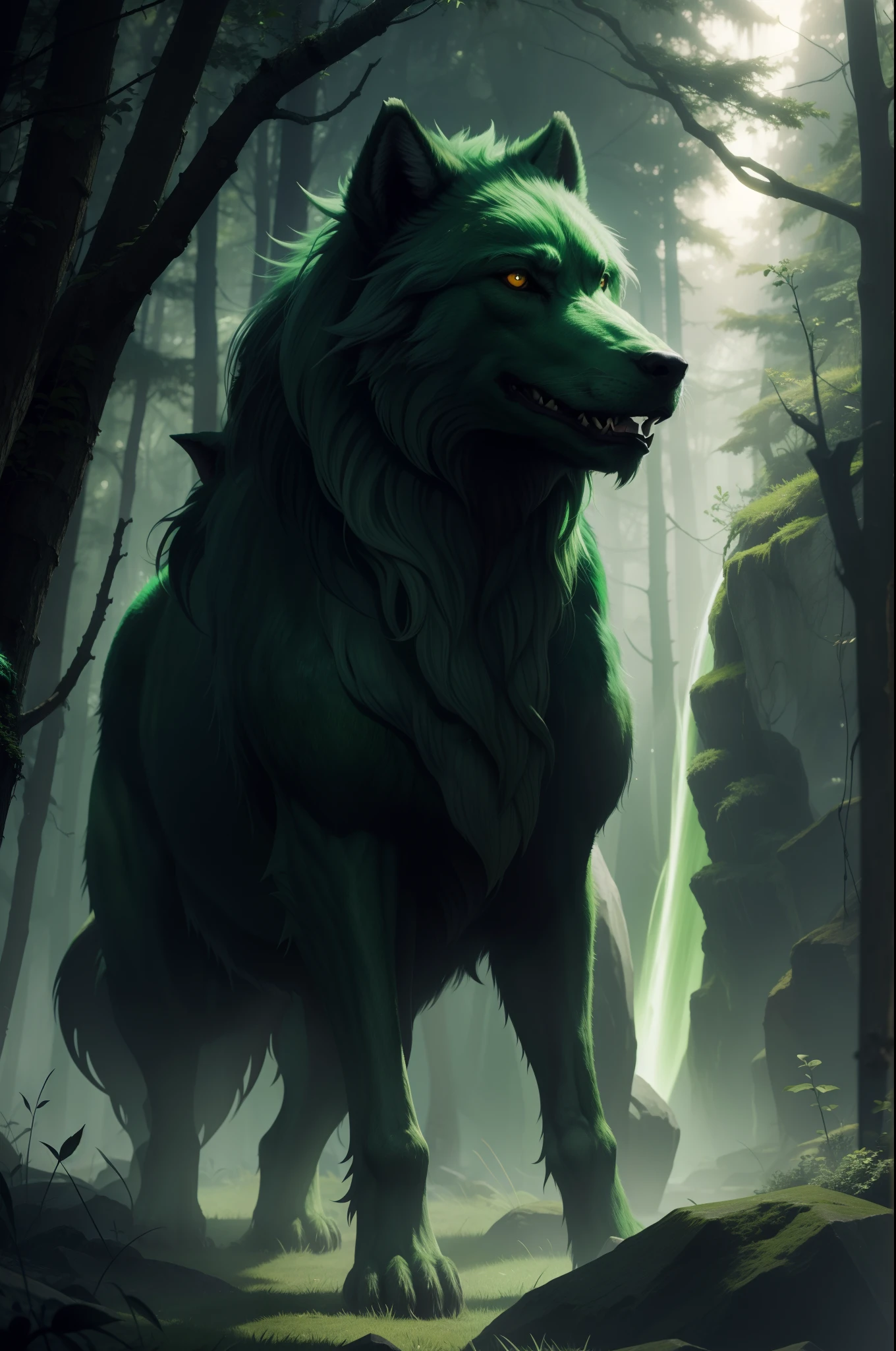 cursed dire wolf, demon, green aura, green body, fantasy style