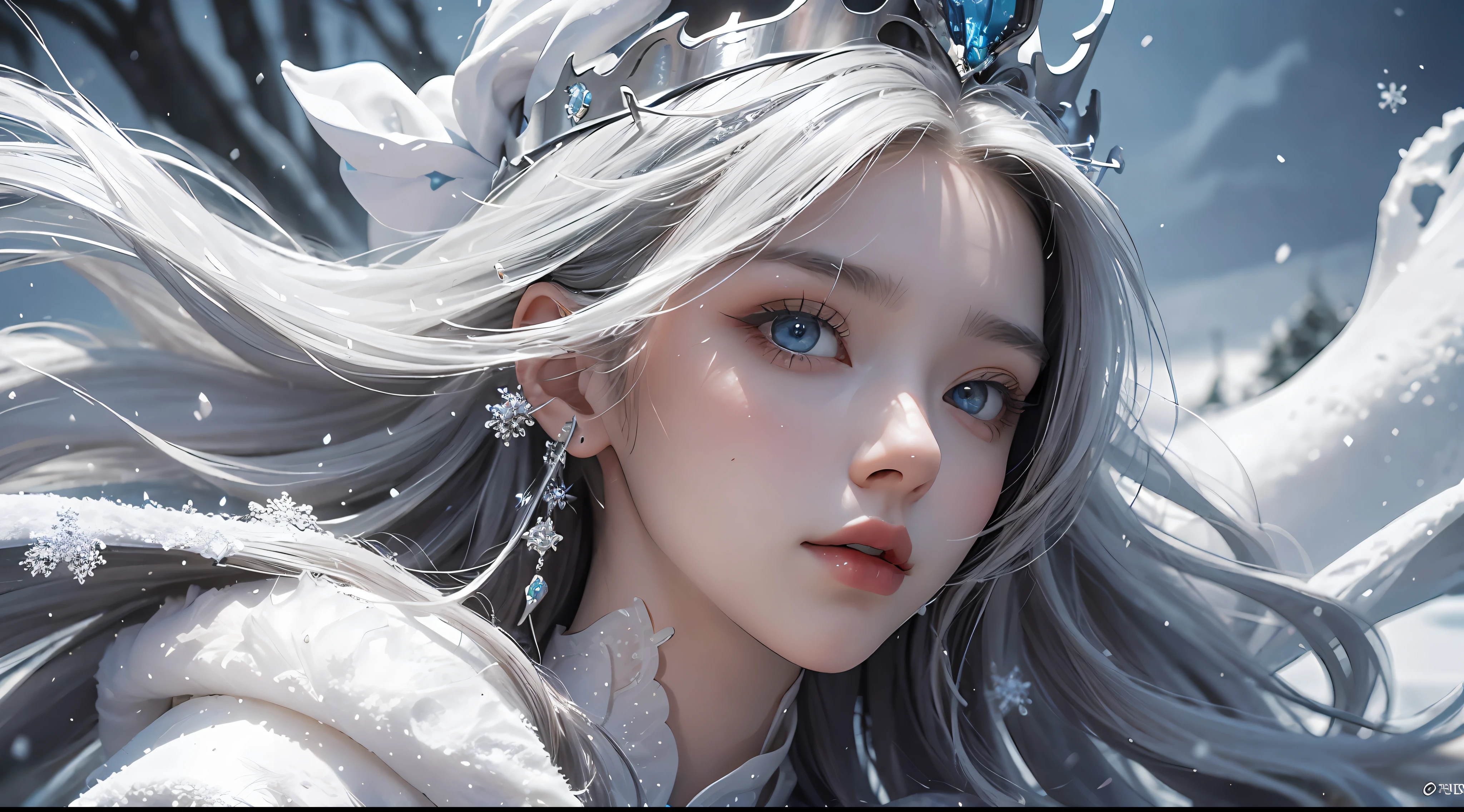 wlop, aeolian, jewelry, woman, queen, white robe, white eyelashes, dyed snow face, cold, frost, color, side light, pointed crown, super detail, depth of field, magic array, white hair, blue eyes, lips, snow, snow magic, white magic, sapphire, ice cap, ice crystal fragments, ice, large area white, incredible, super detail, extremely detail, (high contrast: 1.11), wind, amazing, beautiful detail eyes, messy hair, ( best lighting, extremely delicate and beautiful), ((cinema light)), (from the side: 1.3), 8K, masterpiece, best quality, movie stills, 1girl, floating in the sky, cloud girl, clouds, (close-up: 1.1), bright, happy, fun, soft lighting, (Bauhaus, shapes, lines, abstract: 1.1) official art, Unity 8k wallpaper, super detailed, beautiful and beautiful, masterpiece, best quality, (dynamic angle: 1.4), romantic depth of field exotic_ dance, Perfect NwsjMajic, (Masterpiece, Top Quality, Best Quality, Official Art, Beauty and Aesthetics: 1.2), Extreme Detail, Colorful, Supreme Detail, Snowy landscape, Snowflakes, ice-blue castle, lich, dark robes, glowing eyes, snowdrifts, trees, dramatic and eerie atmosphere