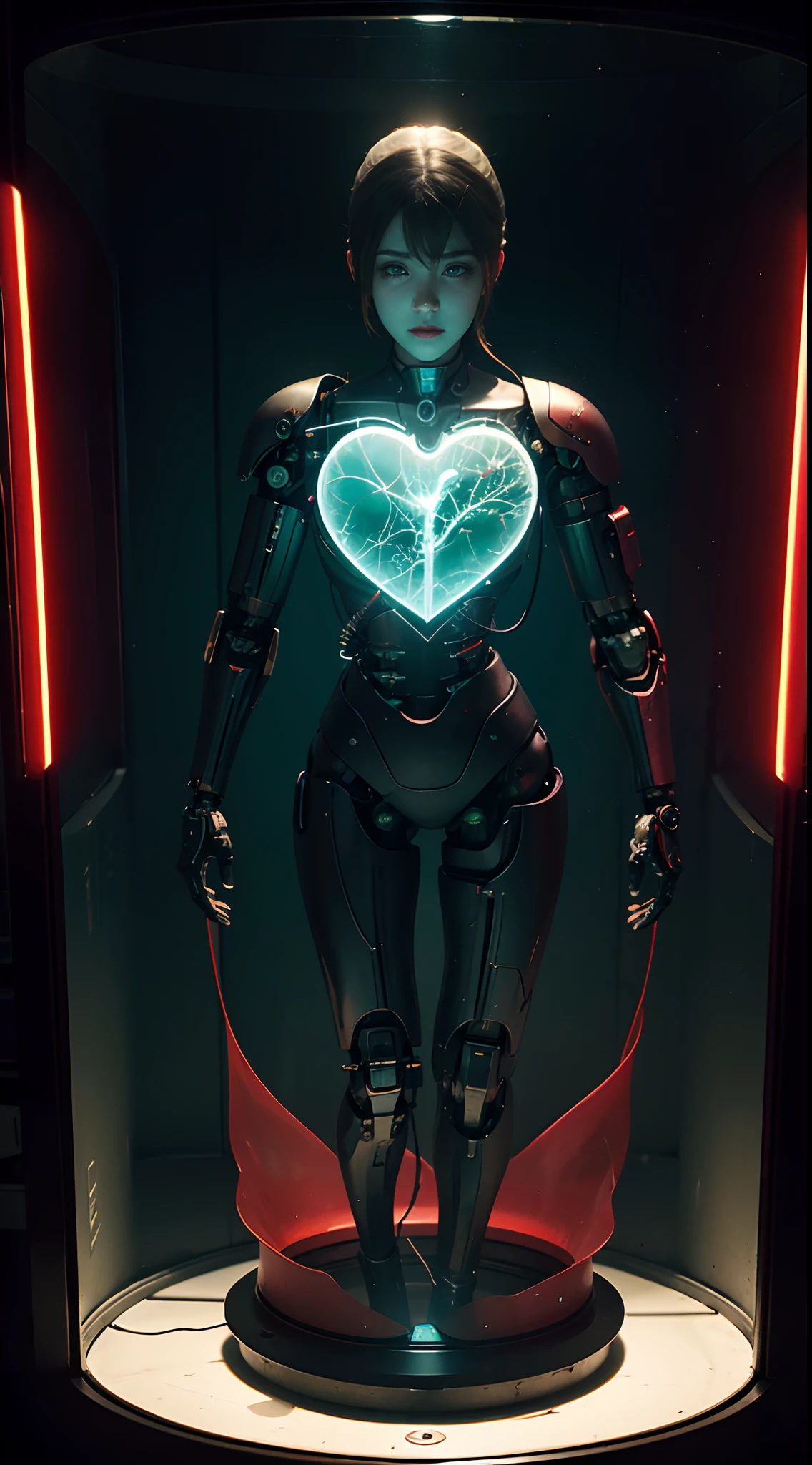 a bio mechanical cyborg heart made of glass and metal, anatomically correct heart, subsurface scattering, transparent, glow, bloom, green and red liquid, volumetric light, tube, 3d style,cyborg style,Movie Still,Leonardo Style