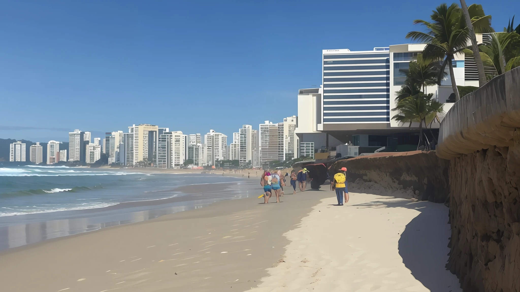 pessoas caminhando na praia perto do oceano e de uma cidade, praia em primeiro plano, in a beachfront environment, 4 0 9 6, the sea seen behind the city, Directed by: Felipe Seade, dia ensolarado na praia, pessoas na praia, praia lotada, Praia, sao paulo, low quality video, standing near the beach, vista do oceano, television show