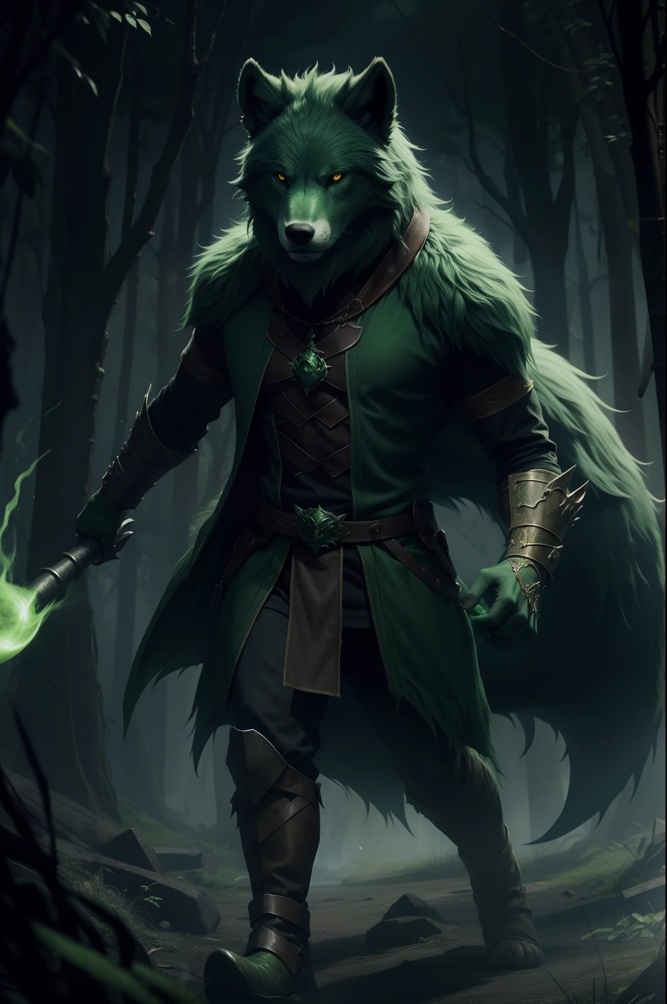 cursed dire wolf, demon, green aura, green body, fantasy style