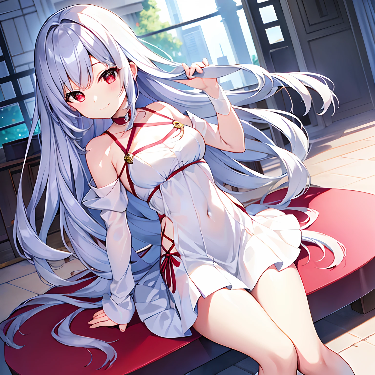 silber hair、red eyes、Beautiful girl alone、独奏、animesque、doress、off shoulders、a miniskirt、a smile