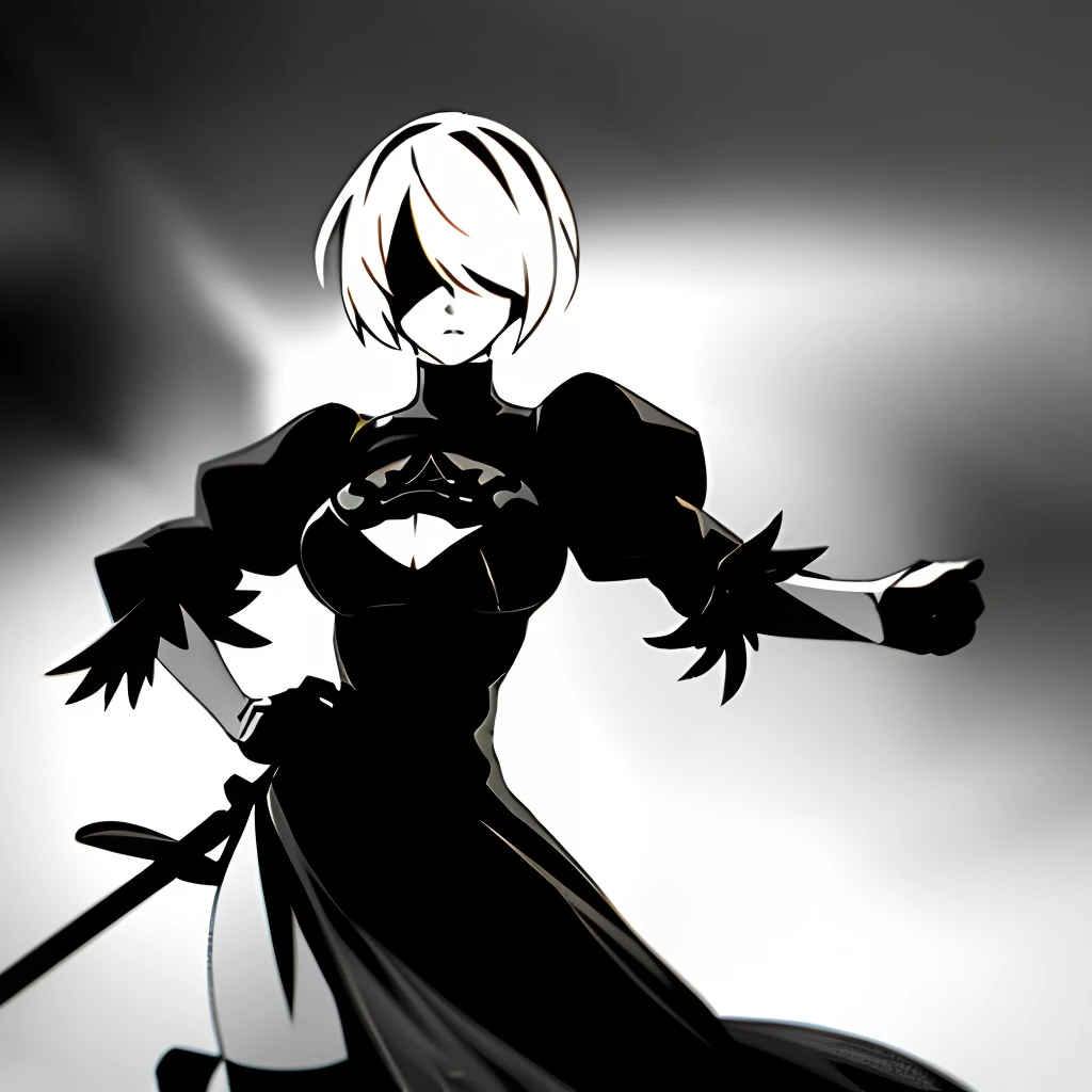 YoRHa No. 2 Type B, mysterious ambiance, expressionless face, dynamic pose, blindfold, solitary presence,Nier: Automata 2B, a fierce fighter with a stunning sword, showcasing her powerful thighs and elegant attire, exuding strength and beauty with a touch of sophistication