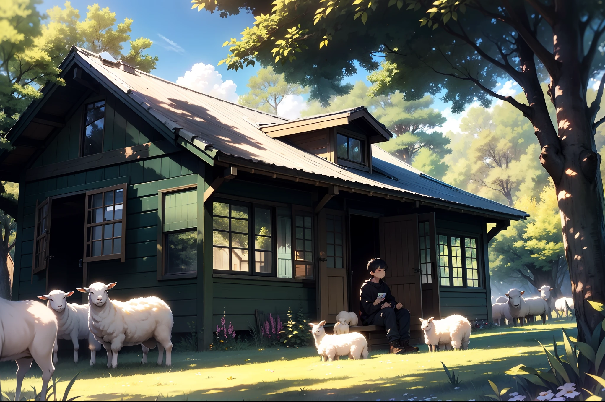 A boy sitting on the grass, with the back against a tree, surrounded by a lot of ruminating sheeps. Grass and bushes. Faraway a cabin with big windows on he top of the hill. Clear day of Spring.