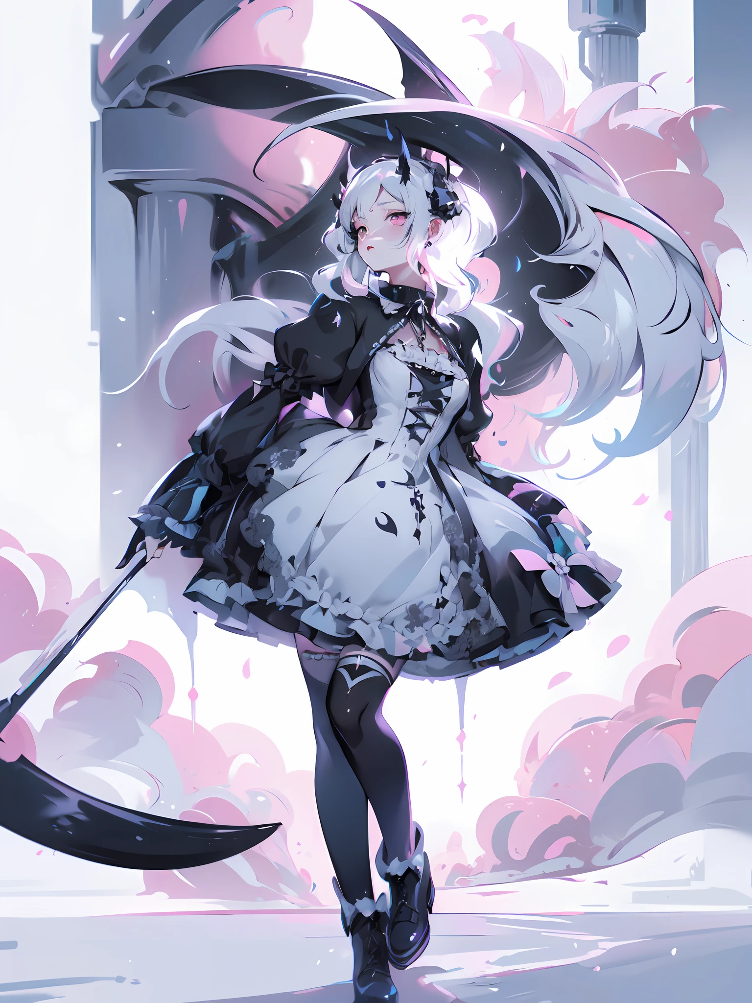 una mujer con un vestido negro sosteniendo una espada, con cuernos negros, with demonic horns, Anime Girl Cosplay, Black gothic dress Lolita, dark fantasy style, Chica de anime Gothic Maiden, victorian gothic lolita fashion, wearing modern gothic clothes, angel knight gothic girl, Anime de cosplay, style of magical girl, Kerli Koiv como Chica de anime, Elegante cosplay glamuroso, Chica anime con un vestido negro, luz a su espalda, Night light from behind, neblina alrededor, cinematic lights, uhd, HD, high quality, 8k, 16k, (((masterpiece))), very detailed eyes, look at the viewer