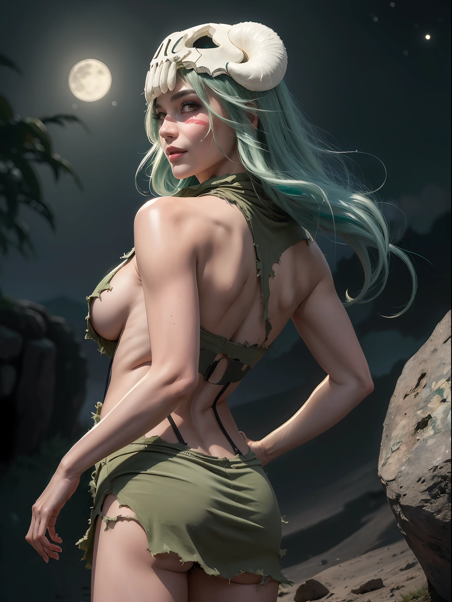 (masterpiece, best quality:1.4), (full body), (standing:1.2), (from back:1.5), odelschwanck, green hair, skull, torn clothes, underboob, skirt, sexy smile, looking at viewer, beautifull smile, beautiful face, highly detailed face, highly detailed eyes, highly detailed skin, skin pores, subsurface scattering, realistic pupils, full face blush, full lips, detailed background, depth of field, volumetric lighting, sharp focus, absurdres, realistic proportions, good anatomy, (realistic, hyperrealistic:1.4), moon background, nightlight 16k hdr,